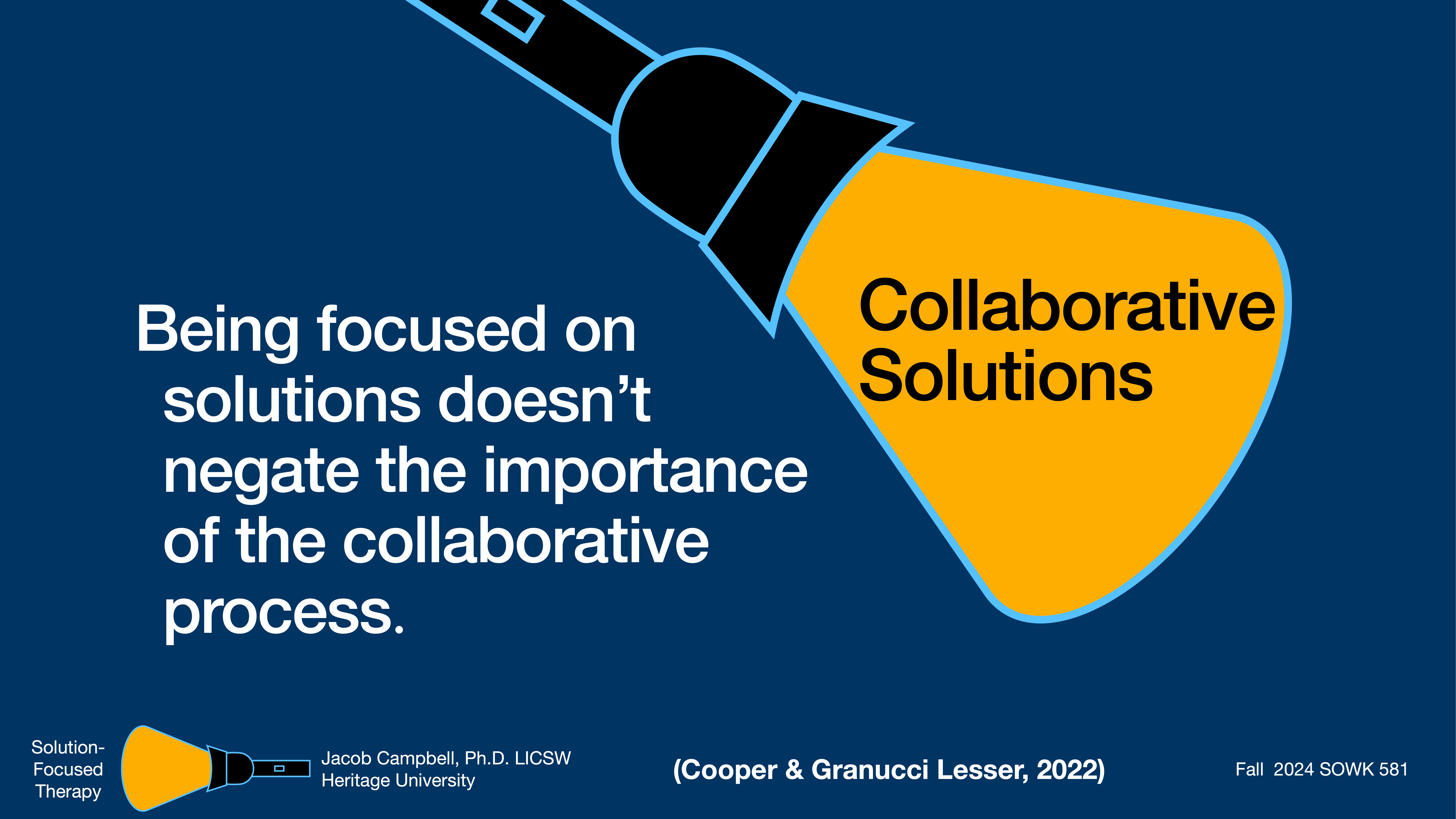 A graphic of a flashlight illuminates the words 'Collaborative Solutions' on the right. On the left, text reads: 'Being focused on solutions doesn't negate the importance of the collaborative process.' Additional details include 'Solution-Focused Therapy,' 'Jacob Campbell, Ph.D., LICSW, Heritage University,' and 'Fall 2024 SOWK 581,' with a citation '(Cooper & Granucci Lesser, 2022).'