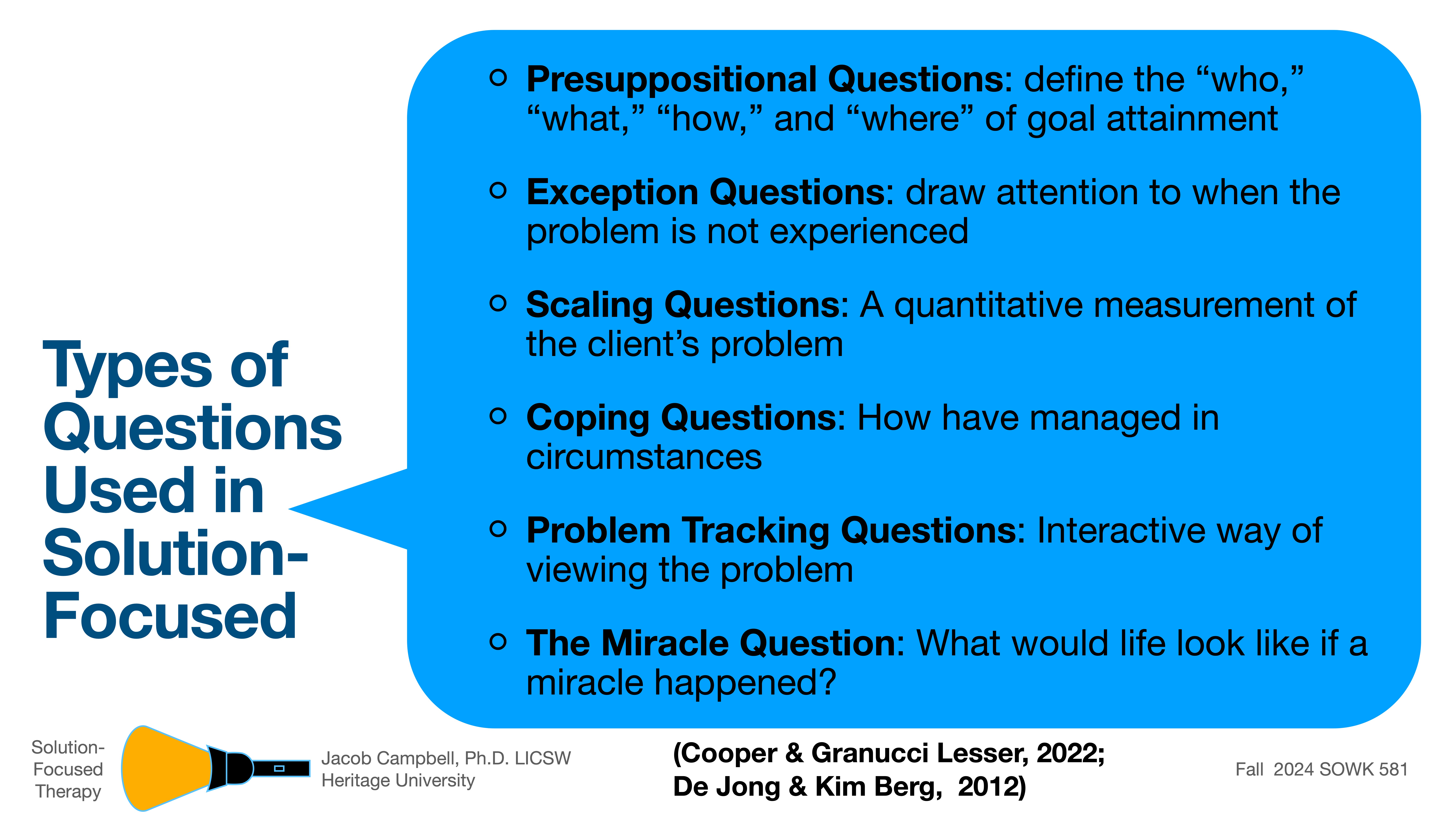 A blue slide displays various types of questions used in solution-focused therapy. These include presuppositional, exception, scaling, coping, problem tracking, and miracle questions. It provides definitions and contexts for each type.