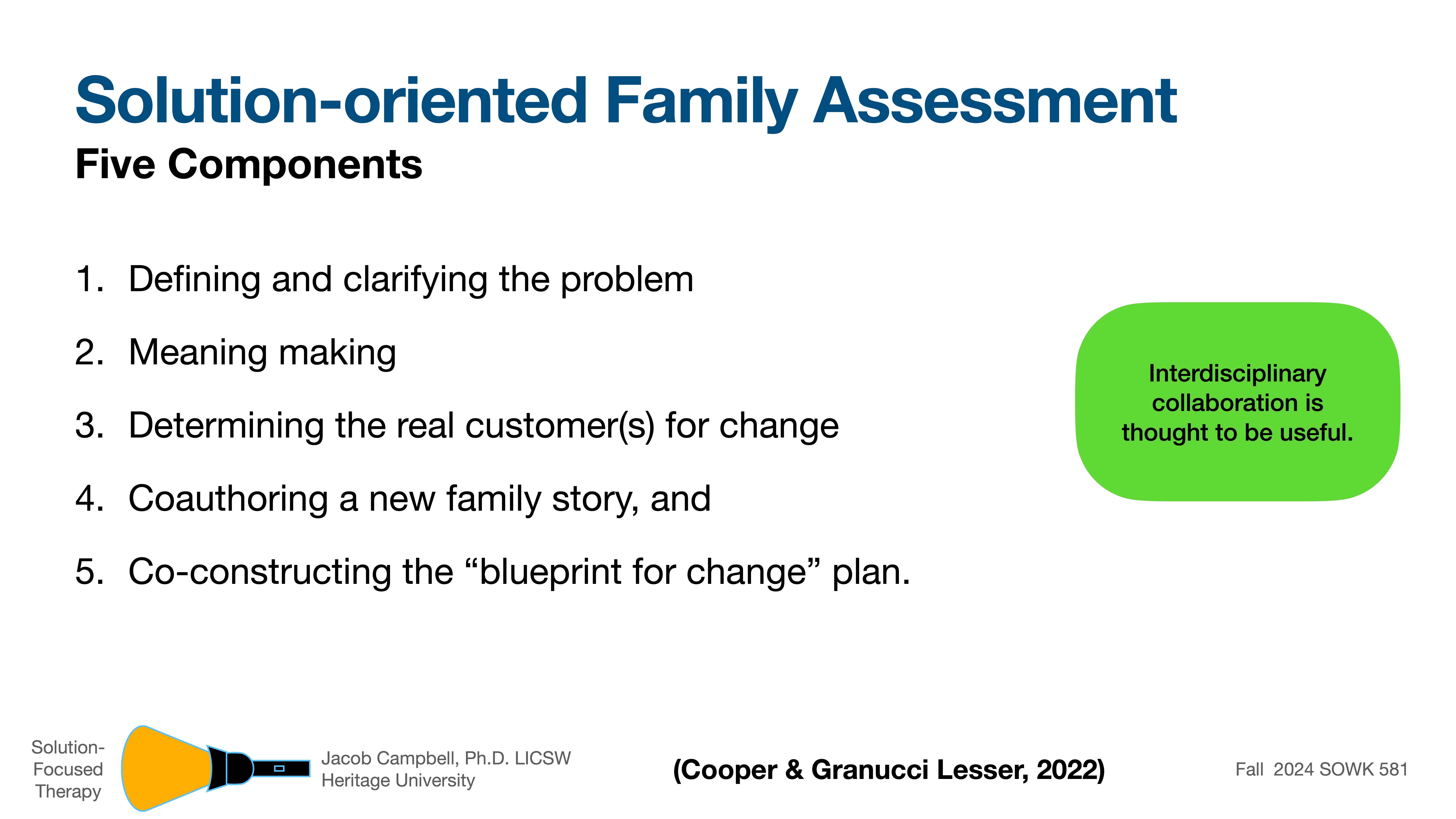 The slide presents five components of 'Solution-oriented Family Assessment': defining the problem, meaning making, determining customers for change, coauthoring a family story, and creating a change blueprint.