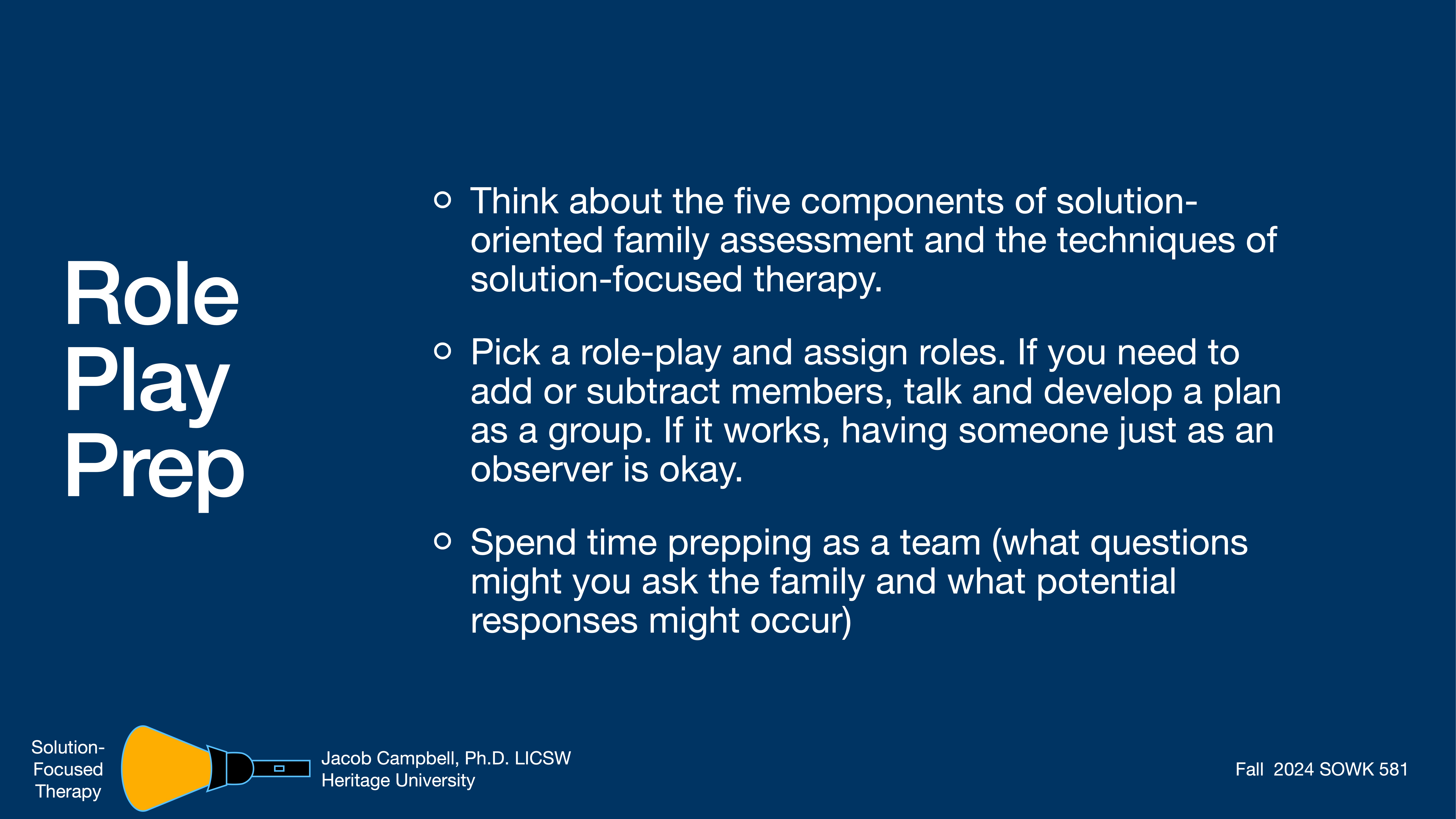 Title reads 'Role Play Prep' with three bullet points: think about solution-oriented family assessment, assign and plan roles for role-play, and prepare questions as a team. Context is educational.