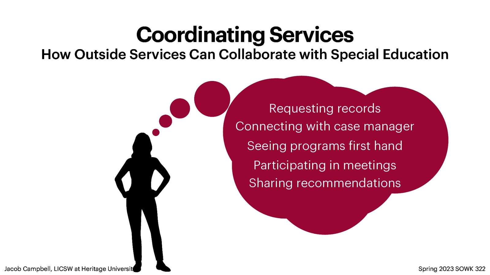 Coordinating Services How Outside Services Can Collaborate with Special Education Requesting records Connecting with case manager Seeing programs irst hand Participating in meetings Sharing recommendations f Jacob Campbell, LICSW at Heritage University Spring 2023 SOWK 322
