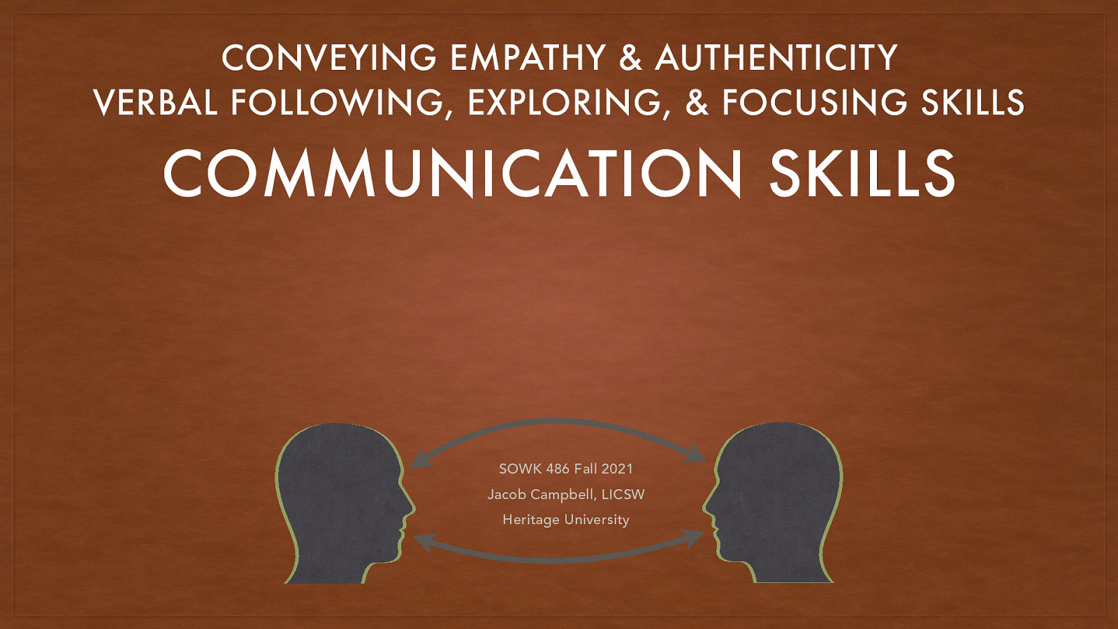 CONVEYING EMPATHY & AUTHENTICITY VERBAL FOLLOWING, EXPLORING, & FOCUSING SKILLS COMMUNICATION SKILLS SOWK 486 Fall 2021 Jacob Campbell, LICSW Heritage University
