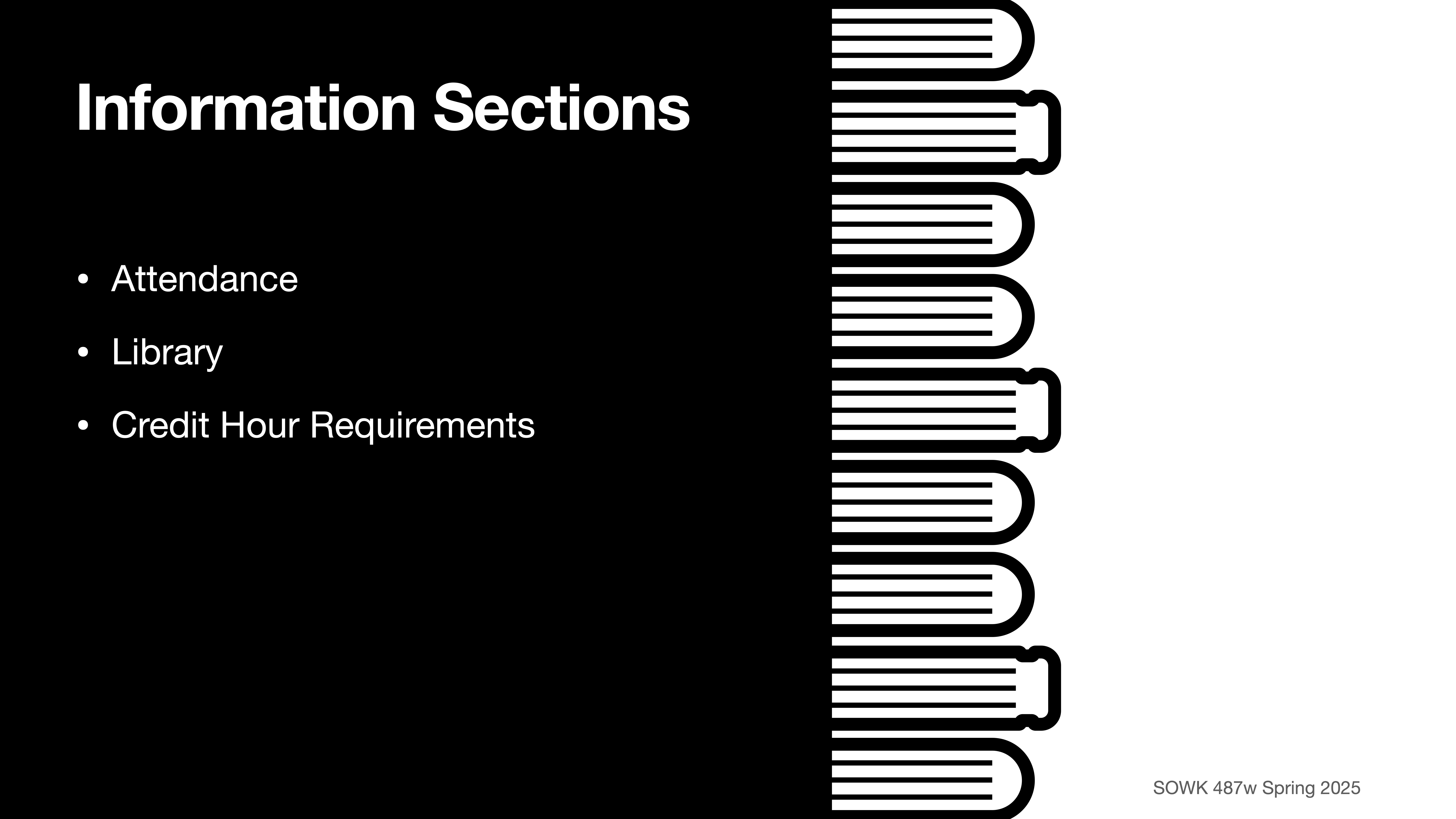 The image features a slide with the title 'Information Sections.' Bullet points list: Attendance, Library, Credit Hour Requirements. A stack of books decorates the right side. Text reads: 'SOWK 487w Spring 2025.'