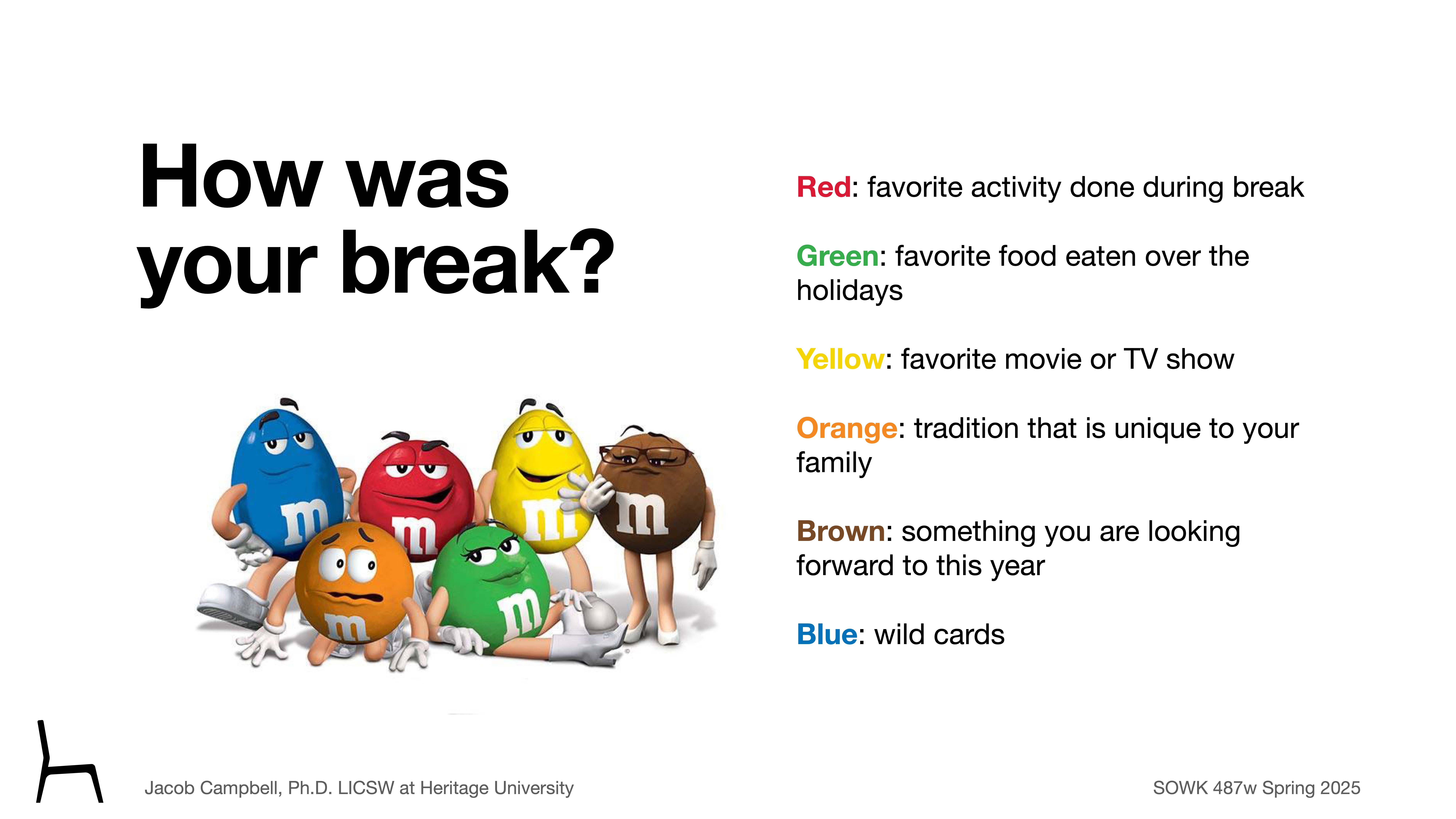 The image features M&M characters standing together, each in a different color. A prompt above asks, 'How was your break?' with instructions: - Red: favorite activity during break- Green: favorite holiday food- Yellow: favorite movie or TV show- Orange: unique family tradition- Brown: something to look forward to this year- Blue: wild cardsBelow is the text: 'Jacob Campbell, Ph.D., LICSW at Heritage University, SOWK 487w Spring 2025.'