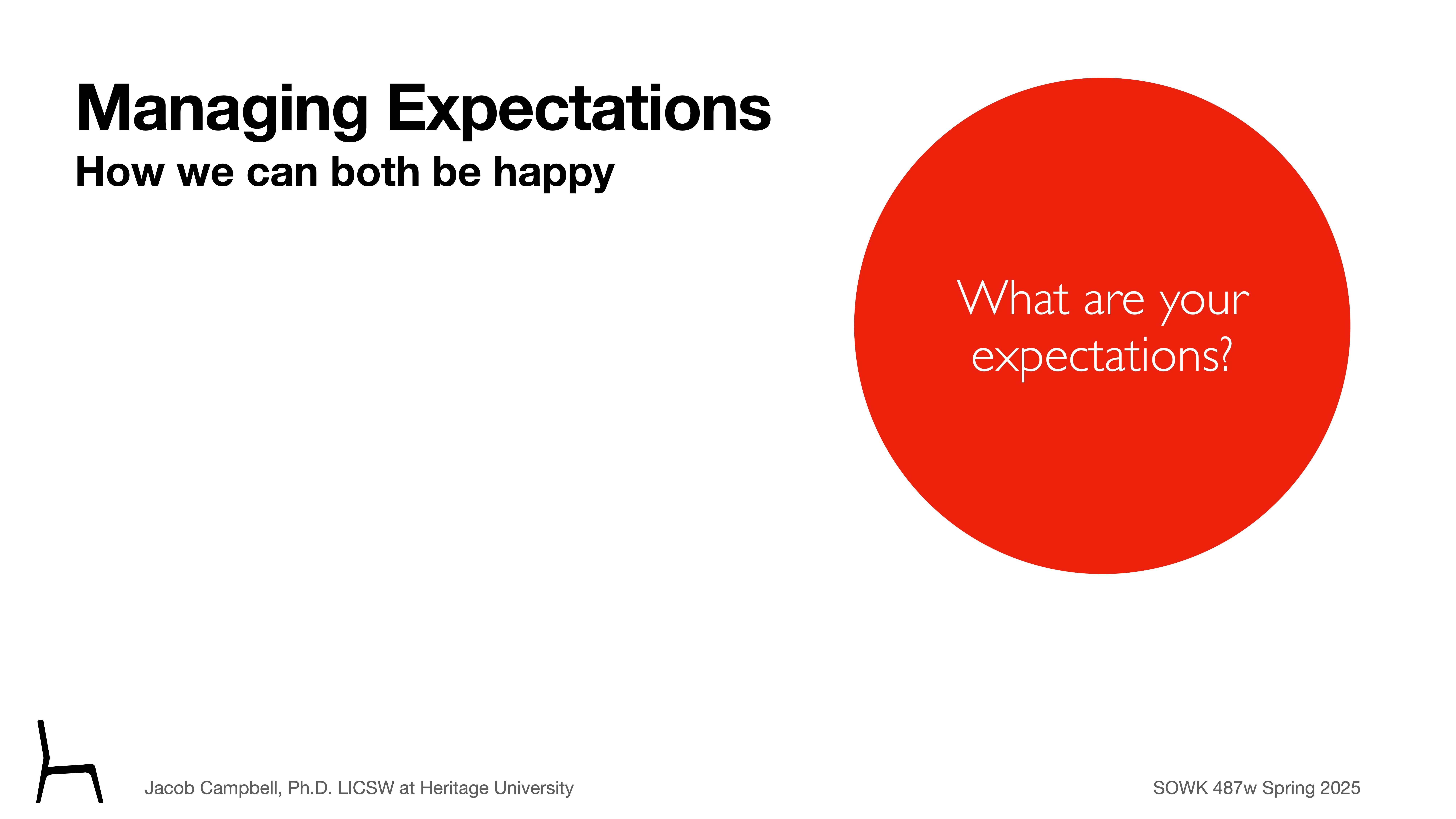 Slide with text 'Managing Expectations: How we can both be happy.' A large red circle on the right asks 'What are your expectations?' Additional details: Jacob Campbell, Ph.D., LICSW at Heritage University, SOWK 487w Spring 2025.