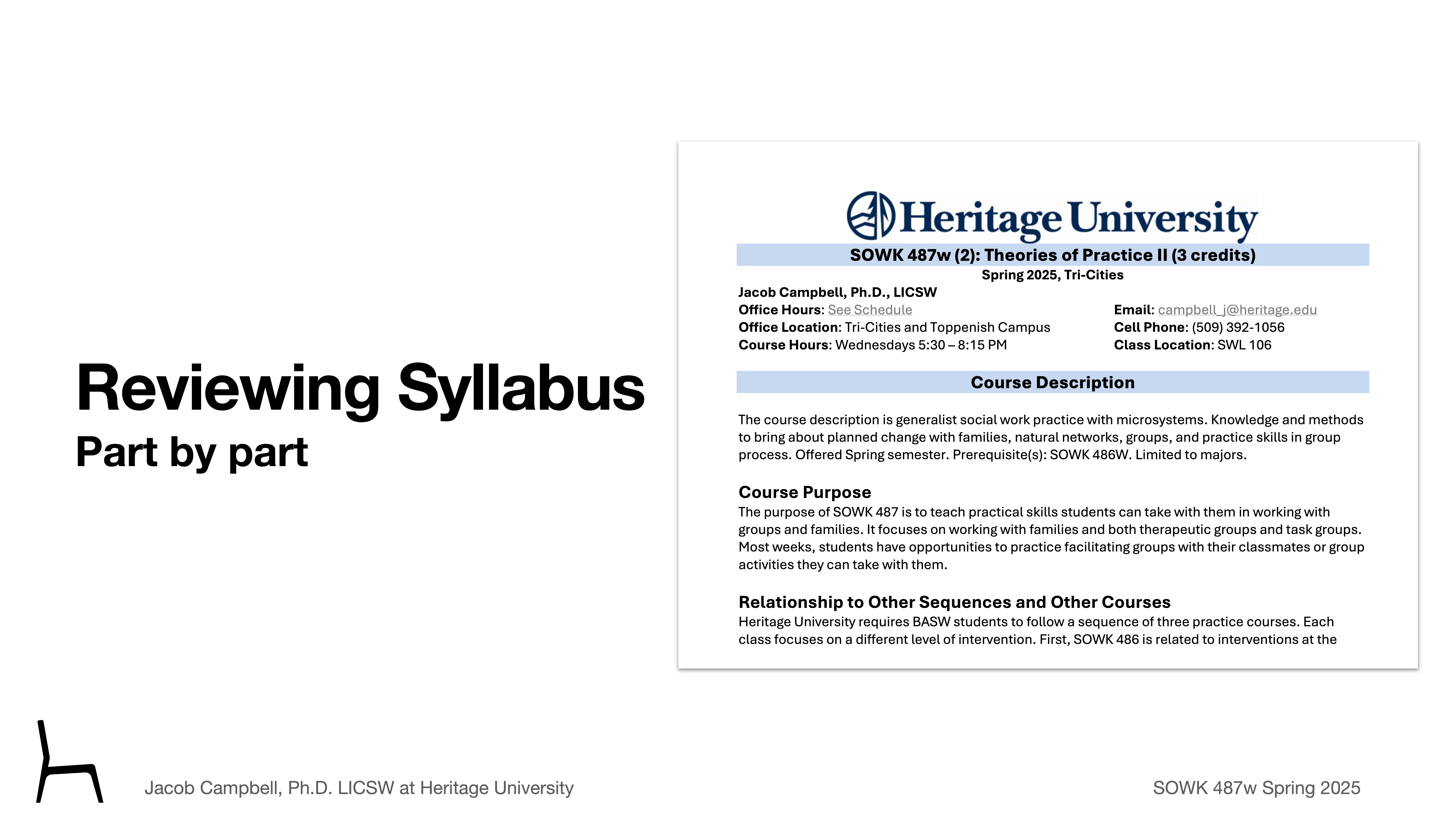 A presentation slide displays text reviewing a syllabus. The main focus is a section from Heritage University detailing course information, description, and purpose for 'SOWK 487w: Theories of Practice.' Contact details for Jacob Campbell, Ph.D., LICSW, and course logistics are included.