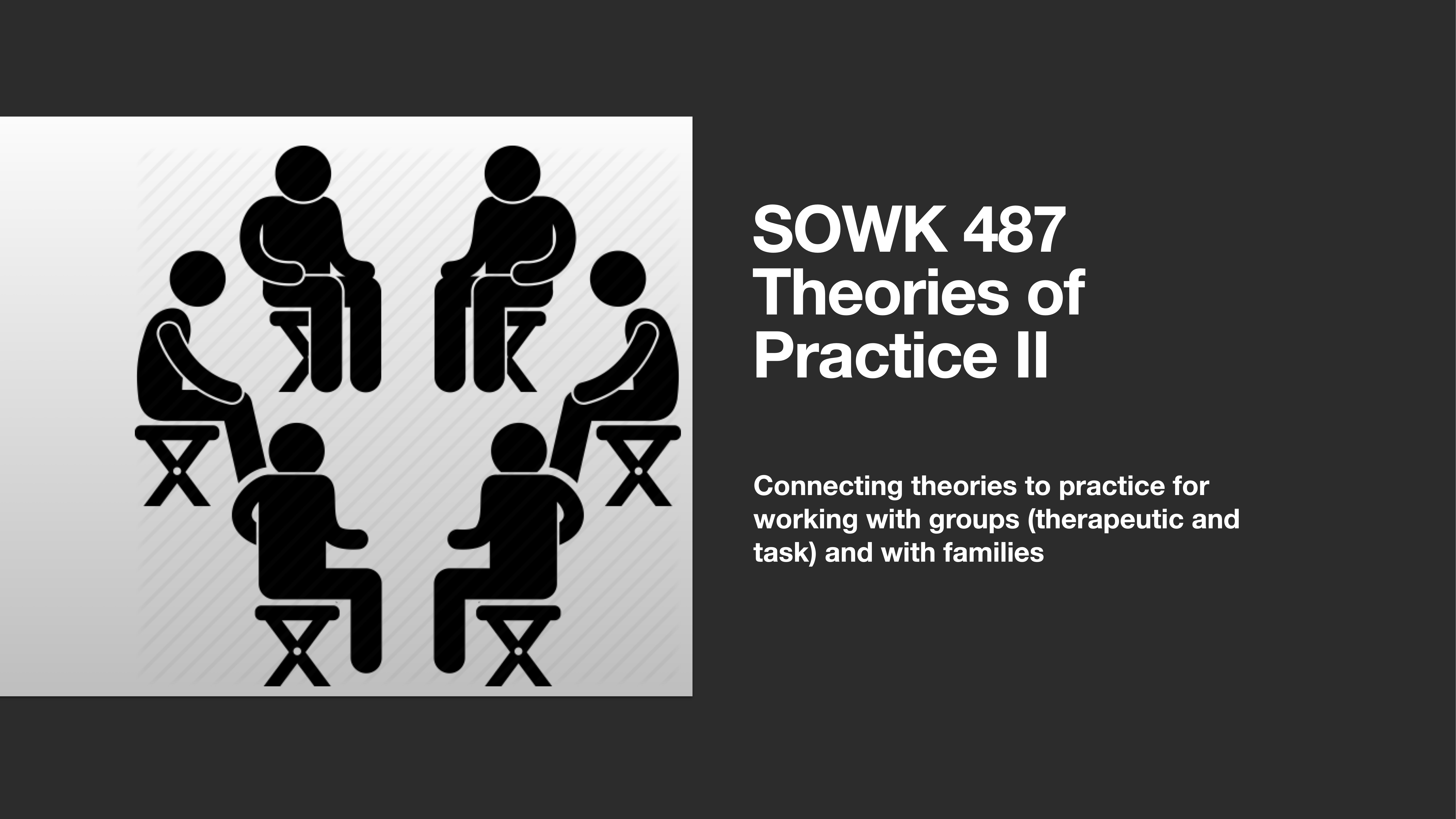 Icons of six people sitting in a circle, suggesting group interaction. Title text: 'SOWK 487 Theories of Practice II.' Subtitle: 'Connecting theories to practice for working with groups (therapeutic and task) and with families.'