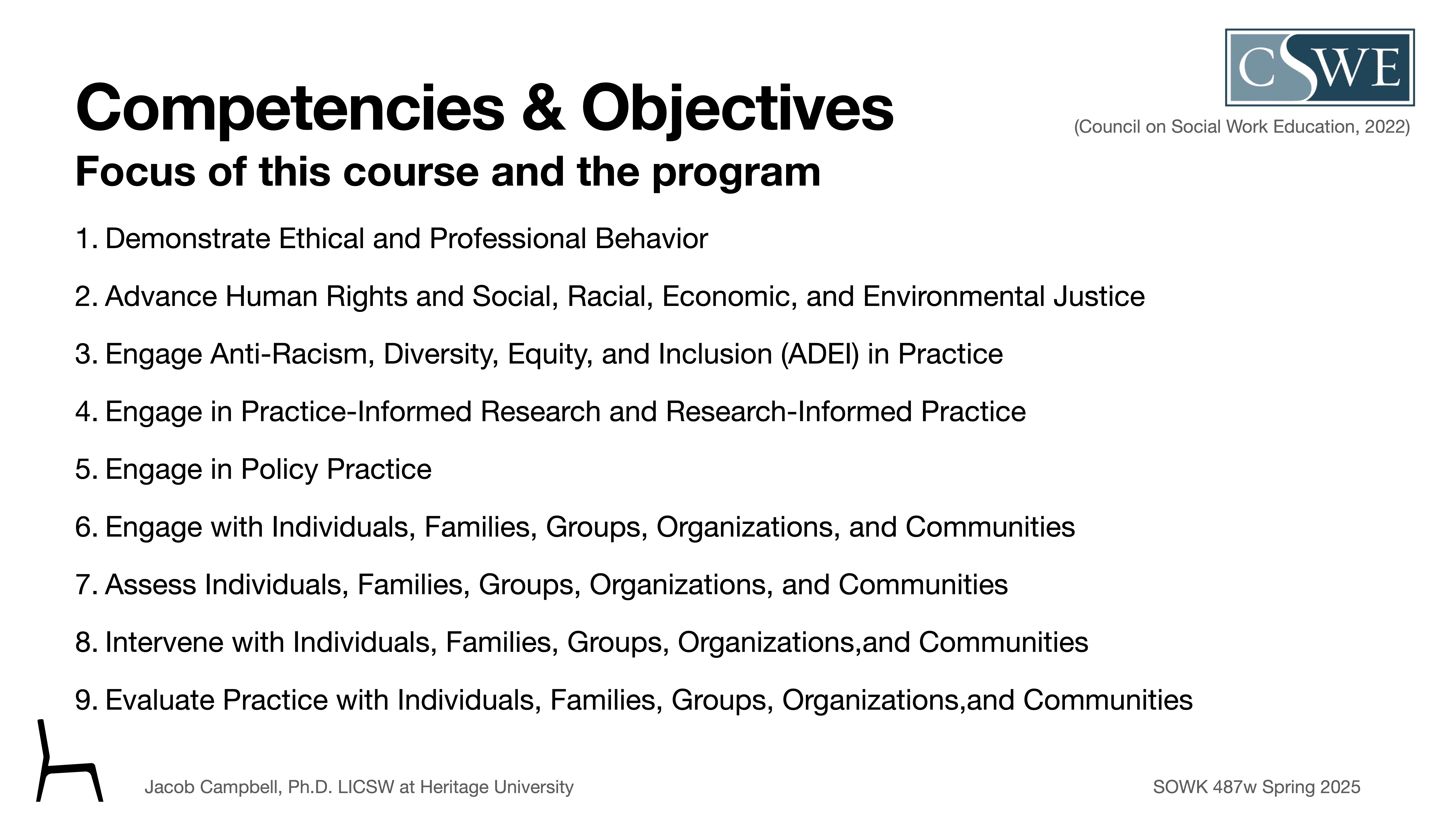 Text slide listing competencies and objectives related to a social work course and program. Key points include ethical behavior, human rights, anti-racism, policy practice, and evaluations involving various groups. Presentation by Jacob Campbell at Heritage University.