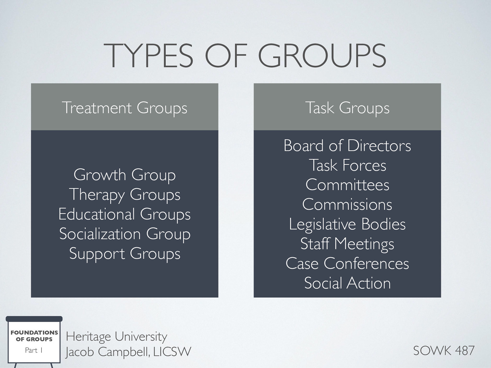  These groups often take some of these general forms.    Board of Directors: An administrative group charged with responsibility for setting the policy governing agency programs.  The board is a legal entity established by the bylaws, organizational charter, or articles of incorporation.    Task Forces: A group established for a special purpose and usually disband after completion of their task.  Committees and commissions: Committees are groups responsible for dealing with specific tasks or matters.  Members can be appointed or elected depending on the type of committee. Two types of committees  Standing committee that exists on a continuous basis Ad hoc committee is like a task force that is set up for one purpose and expected to cease operation after completion of the task.      Legislative Bodies: include city councils, county boards of supervisors, state legislatures, and U.S Congress.  Staff Meetings: Agency staff members who assemble periodically for some identified purpose.  Multidisciplinary Teams: Groups of professionals from various disciplines that meet to discuss specific clients with whom team members are working.  Case Conferences Staffing: Agency or organizational meetings in which all professionals involved in a particular case discuss such things as the clients identified problems, goals, and intervention plans.  Social Action: Individuals that take social action to bring about solutions to social and economic problems. 
