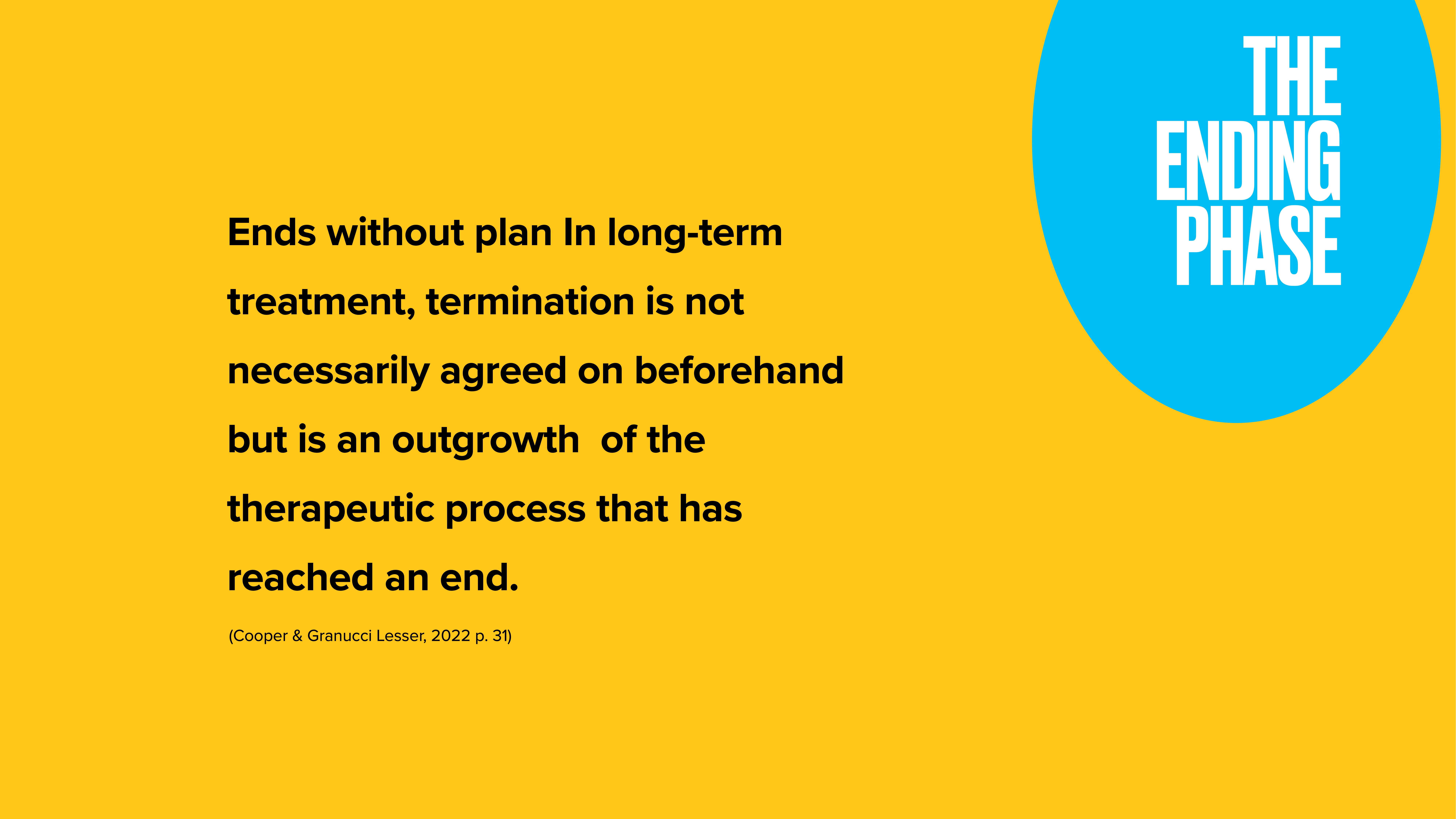 Yellow slide with text explaining termination in long-term treatment, stating it arises naturally when therapy concludes. Right side features a blue circle with 'THE ENDING PHASE' in white.