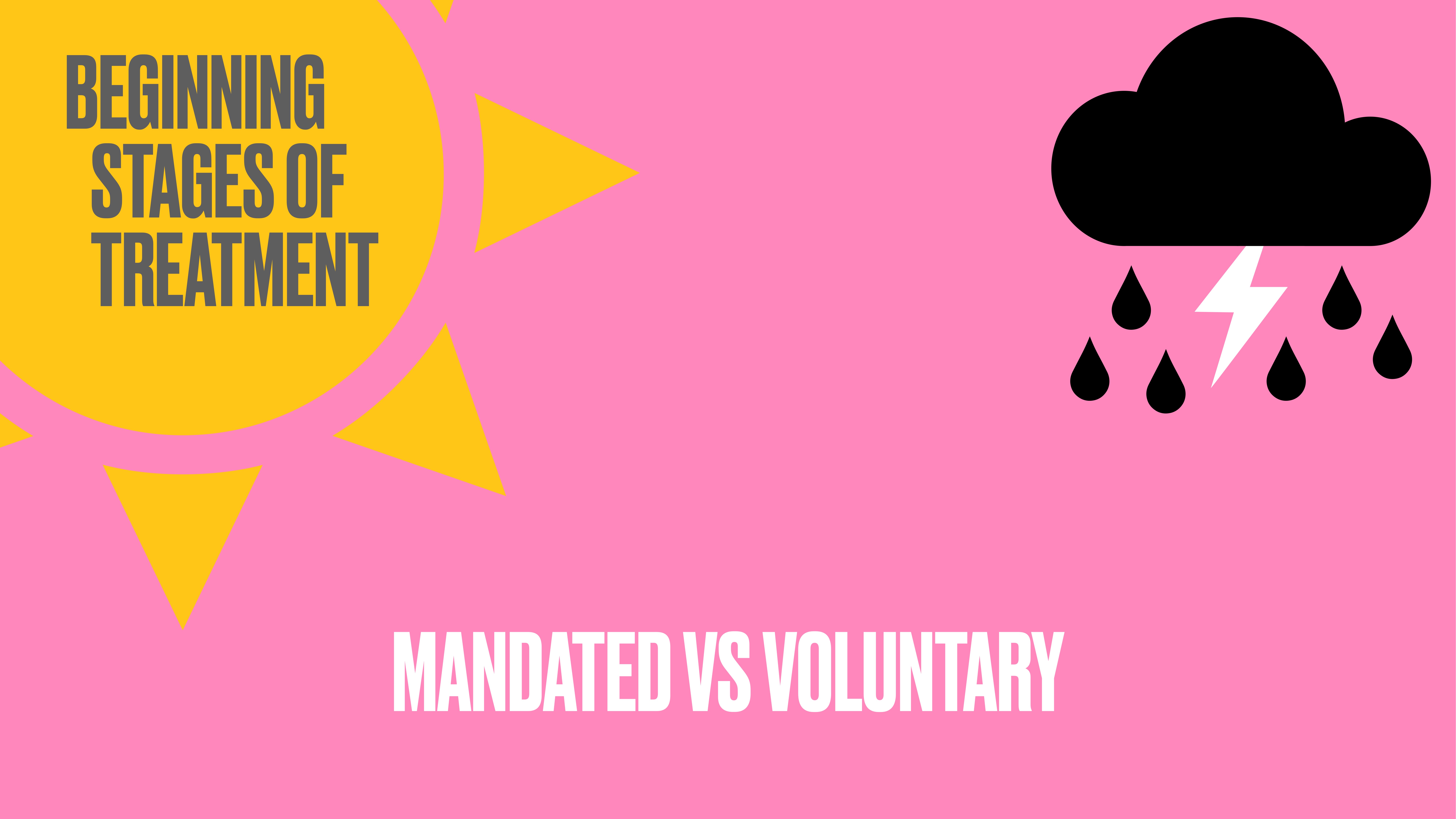 The slide features a large sun and cloud symbol on a pink background. The text includes 'BEGINNING STAGES OF TREATMENT' and 'MANDATED VS VOLUNTARY,' contrasting sunny and stormy visuals.