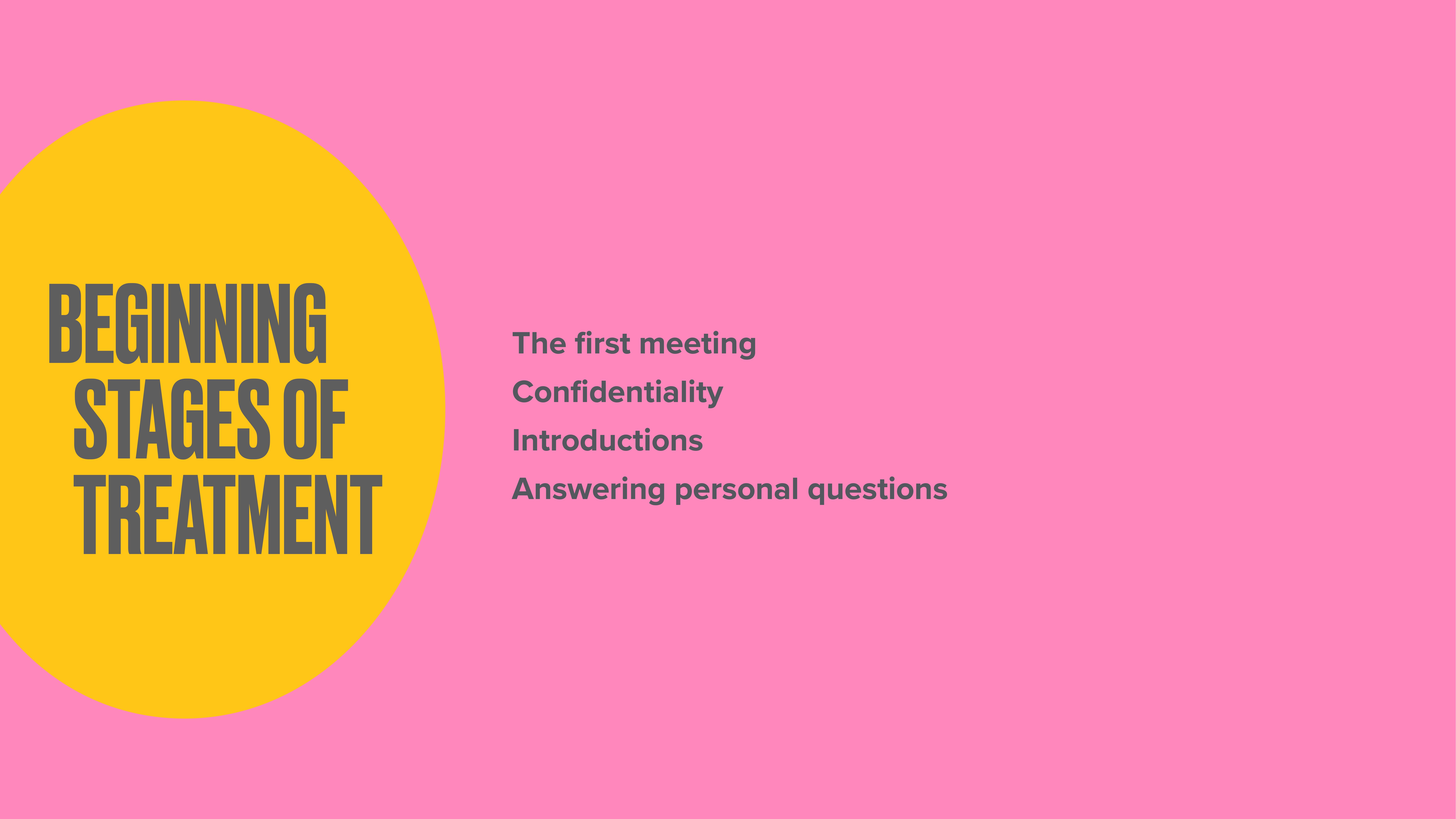 Text on a presentation slide reads: 'BEGINNING STAGES OF TREATMENT' in a yellow circle, with a pink background. It lists: 'The first meeting, Confidentiality, Introductions, Answering personal questions.'