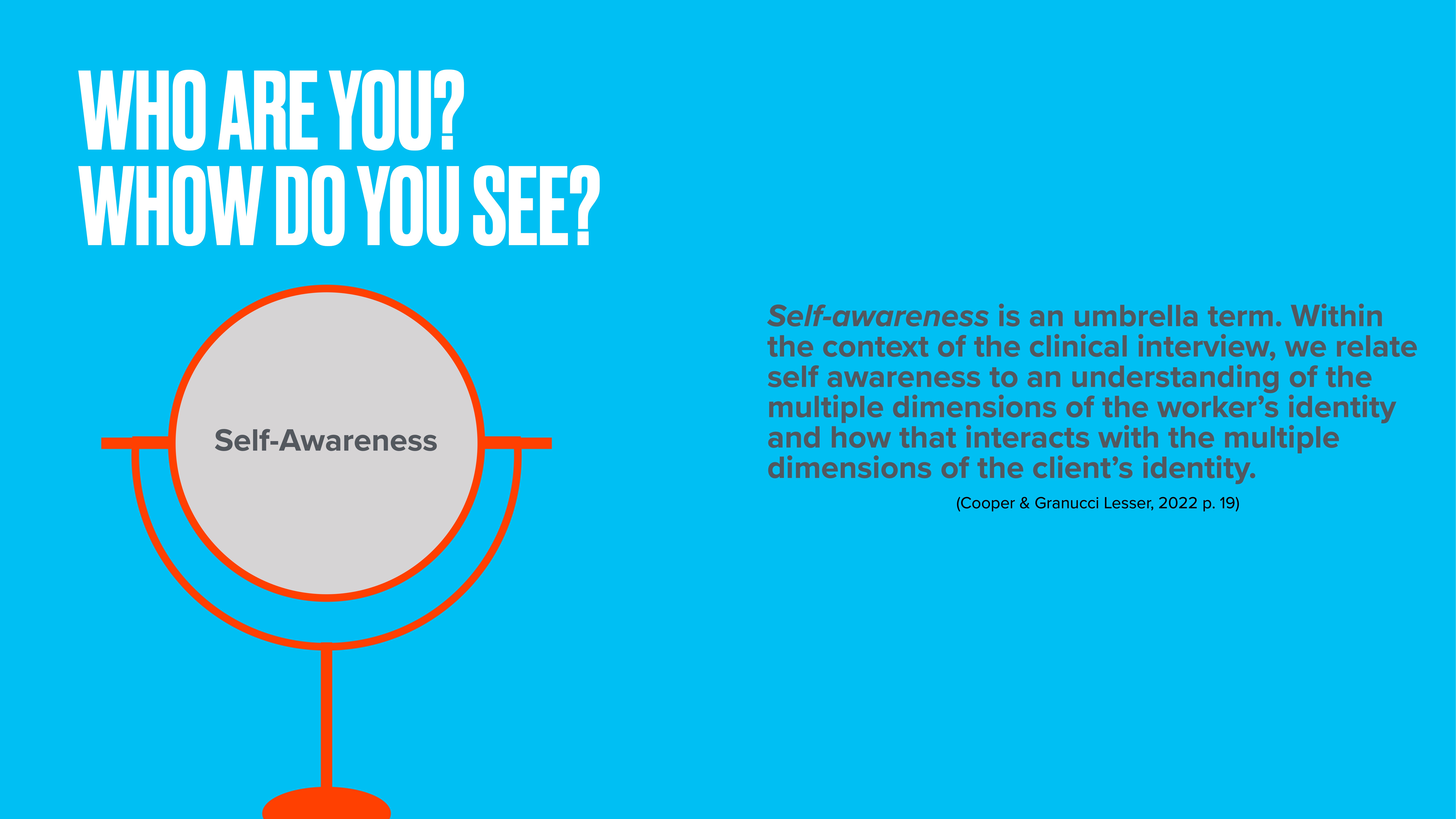 Mirror reflecting 'Self-Awareness' text in blue background, part of a presentation slide. Accompanying text:'Self-awareness is an umbrella term. Within the context of the clinical interview, we relate self-awareness to an understanding of the multiple dimensions of the worker’s identity and how that interacts with the multiple dimensions of the client’s identity.' (Cooper & Granucci Lesser, 2022 p. 19)