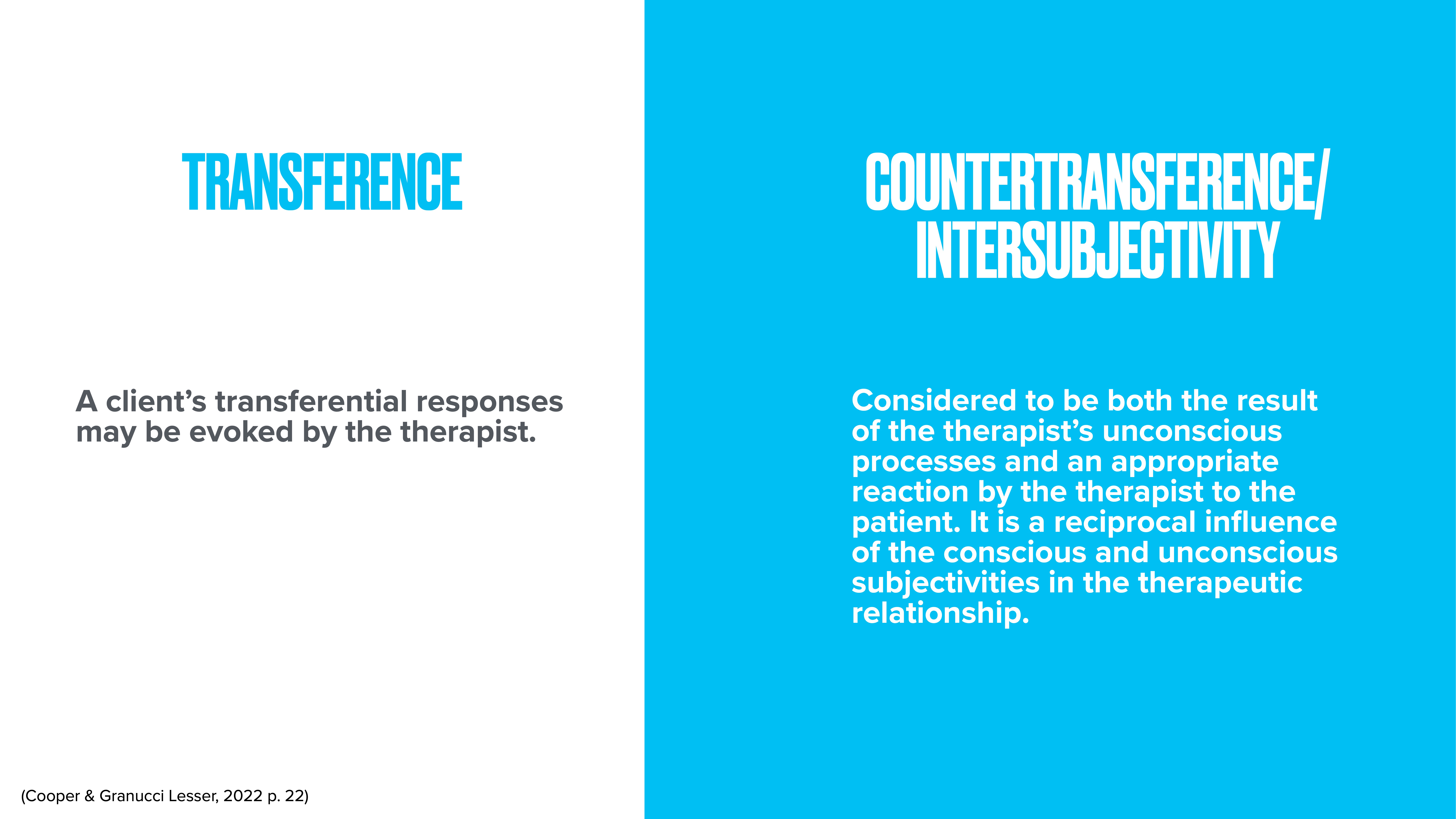 The image features two sections: one titled 'Transference' with text explaining client reactions, and another titled 'Countertransference/Intersubjectivity,' describing therapeutic dynamics. It's styled in blue and white.