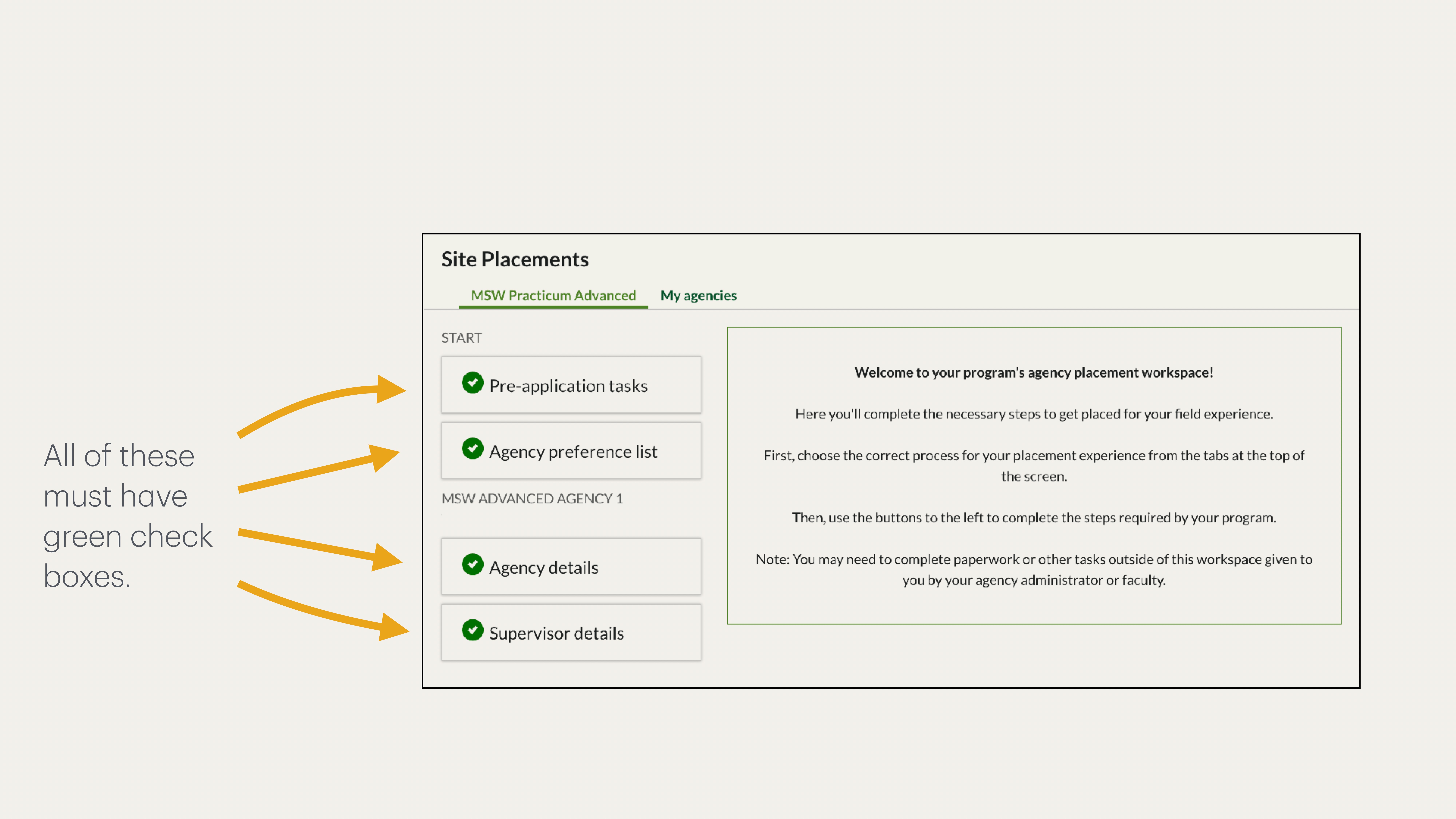 A checklist interface displays tasks with green checkboxes, indicating completion. Tasks include 'Pre-application tasks,' 'Agency preference list,' 'Agency details,' and 'Supervisor details.' Instructions for placement are provided in a side panel.