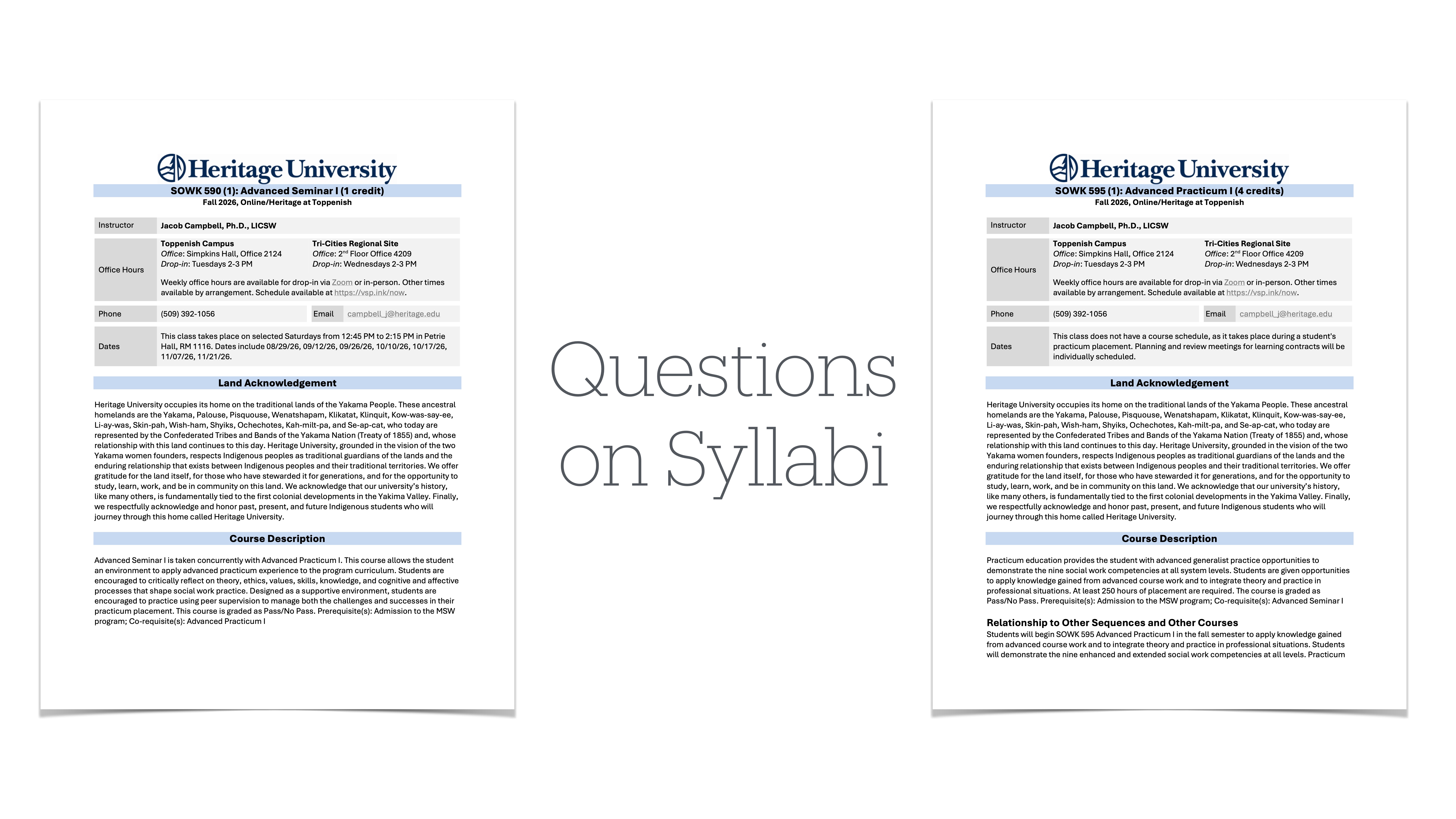 Two academic syllabi from Heritage University are displayed side by side. The text 'Questions on Syllabi' is centered between them, suggesting a focus on academic content or course details.