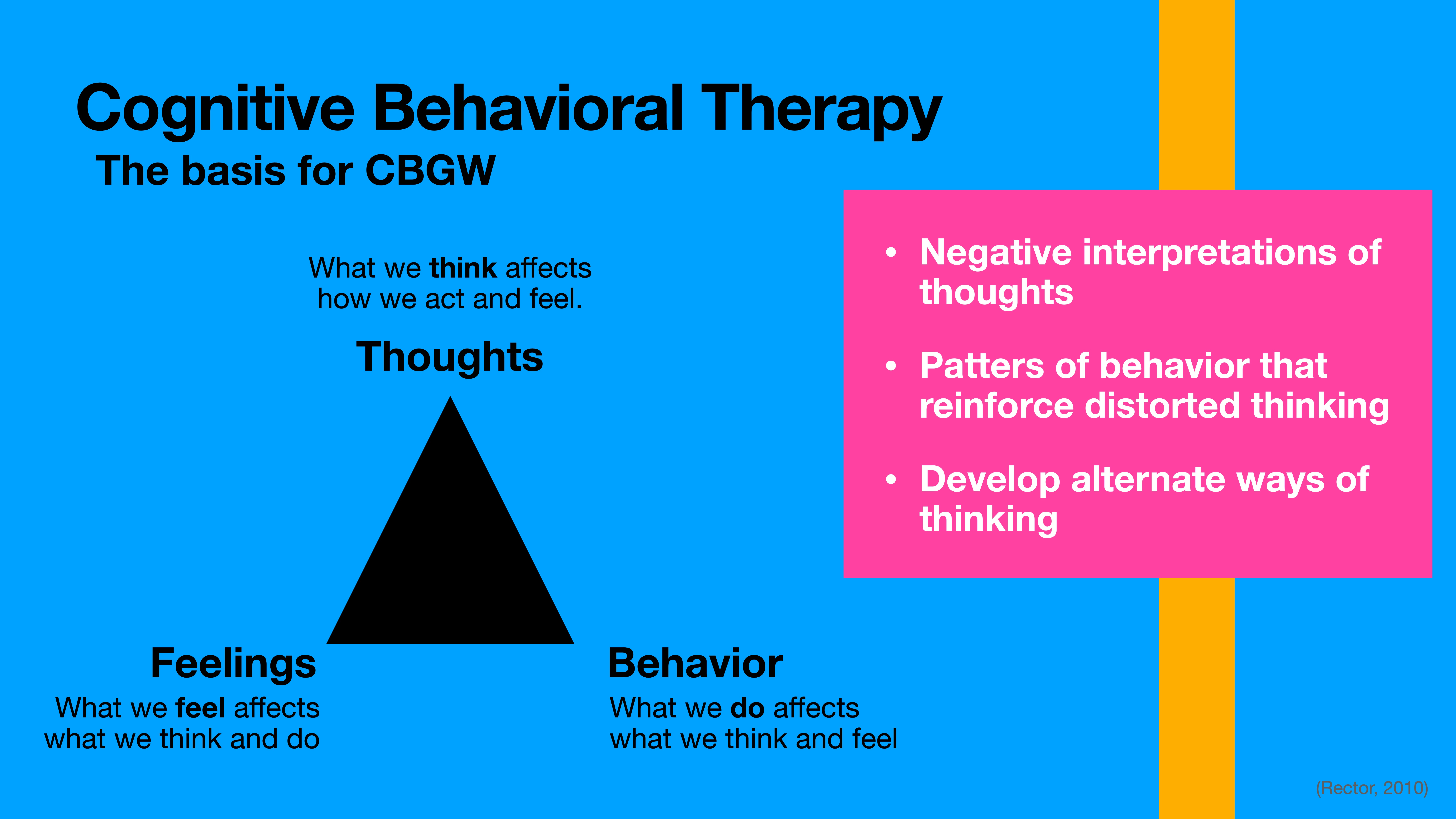 Triangle diagram labeled 'Thoughts,' 'Feelings,' 'Behavior' illustrates Cognitive Behavioral Therapy concepts. Text highlights negative thoughts, reinforcing behaviors, and alternate thinking strategies. Blue background with pink sidebar.