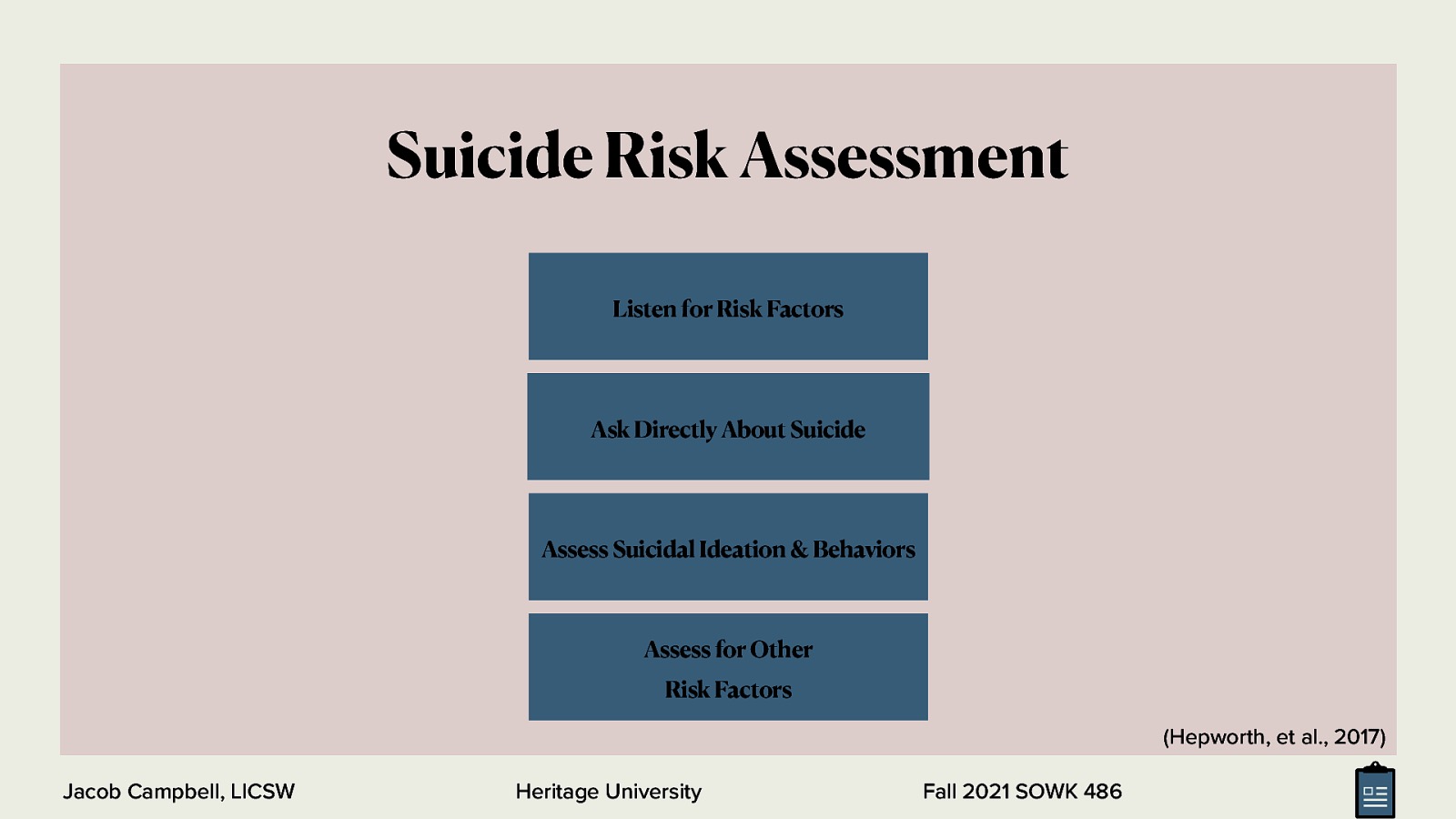 Suicide Risk Assessment Listen for Risk Factors Ask Directly About Suicide Assess Suicidal Ideation & Behaviors Assess for Other Risk Factors (Hepworth, et al., 2017) Jacob Campbell, LICSW Heritage University Fall 2021 SOWK 486
