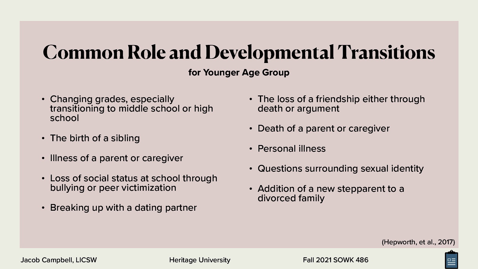 Common Role and Developmental Transitions for Younger Age Group • Changing grades, especially transitioning to middle school or high school • The birth of a sibling • Illness of a parent or caregiver • Loss of social status at school through bullying or peer victimization • Breaking up with a dating partner • The loss of a friendship either through death or argument • Death of a parent or caregiver • Personal illness • Questions surrounding sexual identity • Addition of a new stepparent to a divorced family (Hepworth, et al., 2017) Jacob Campbell, LICSW Heritage University Fall 2021 SOWK 486
