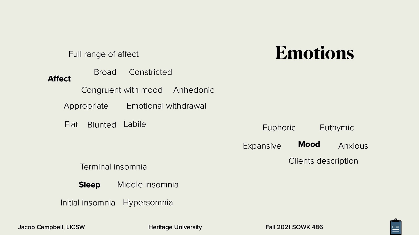 Emotions Full range of a ect Broad A ect Constricted Congruent with mood Appropriate Anhedonic Emotional withdrawal Blunted Labile Flat Euphoric Expansive Mood Middle insomnia Initial insomnia Hypersomnia ff ff Jacob Campbell, LICSW Anxious Clients description Terminal insomnia Sleep Euthymic Heritage University Fall 2021 SOWK 486
