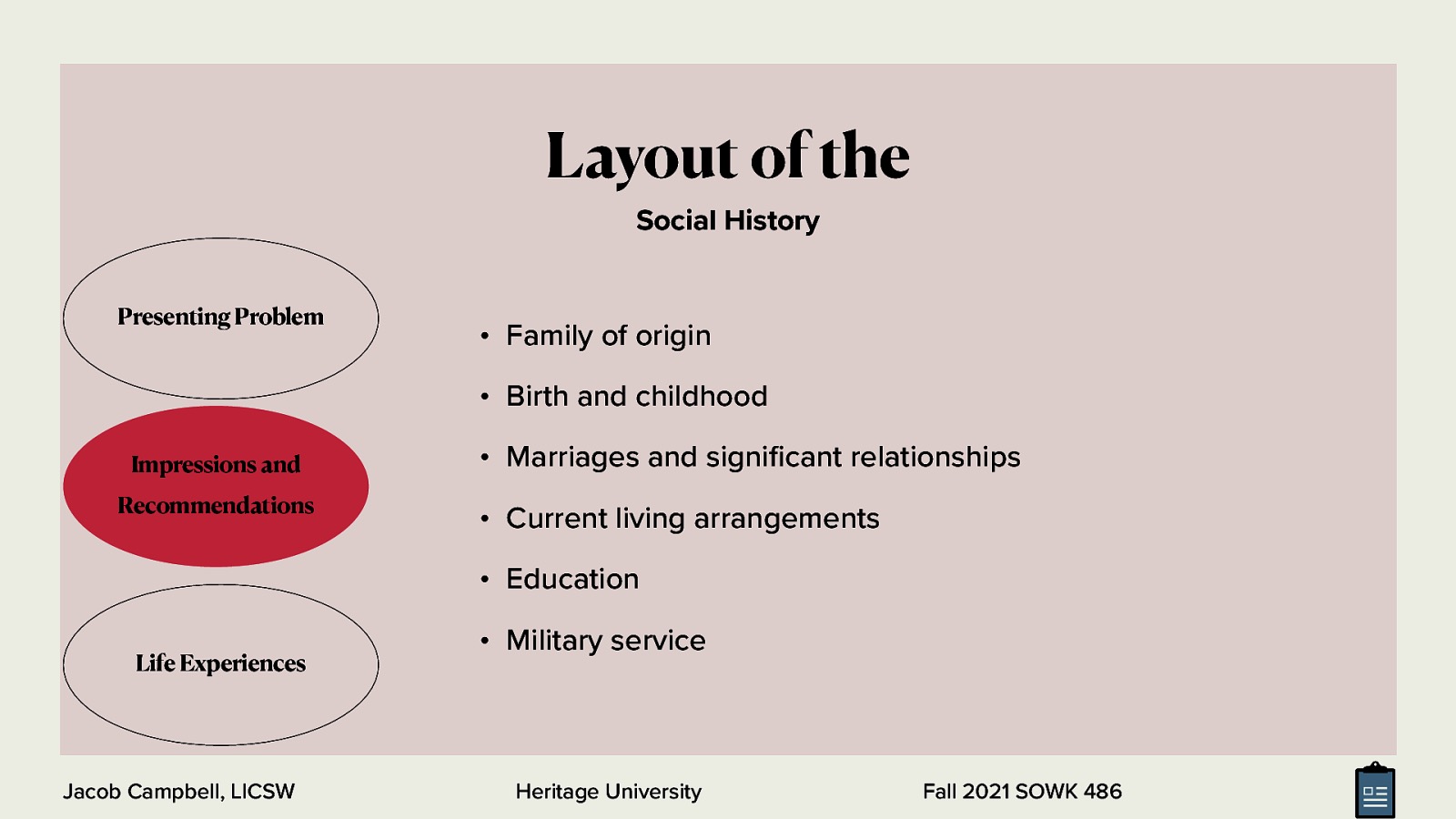 Layout of the Social History Presenting Problem • Family of origin • Birth and childhood Impressions and Recommendations • Marriages and signi cant relationships • Current living arrangements • Education Life Experiences fi Jacob Campbell, LICSW • Military service Heritage University Fall 2021 SOWK 486
