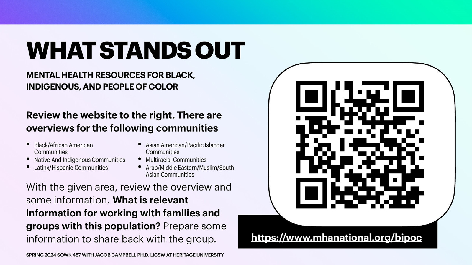 WHAT STANDS OUT MENTAL HEALTH RESOURCES FOR BLACK, INDIGENOUS, AND PEOPLE OF COLOR Review the website to the right. There are overviews for the following communities • • • Black/African American Communities Native And Indigenous Communities Latinx/Hispanic Communities • • • Asian American/Paci ic Islander Communities Multiracial Communities Arab/Middle Eastern/Muslim/South Asian Communities With the given area, review the overview and some information. What is relevant information for working with families and groups with this population? Prepare some information to share back with the group. f SPRING 2024 SOWK 487 WITH JACOB CAMPBELL PH.D. LICSW AT HERITAGE UNIVERSITY https://www.mhanational.org/bipoc
