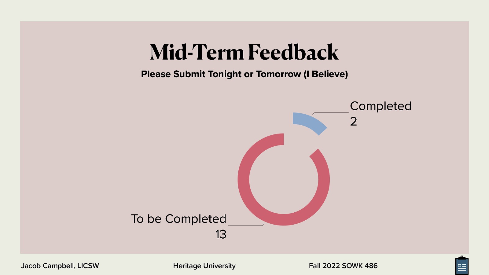 Mid-Term Feedback Please Submit Tonight or Tomorrow (I Believe) Completed 2 To be Completed 13 Jacob Campbell, LICSW Heritage University Fall 2022 SOWK 486
