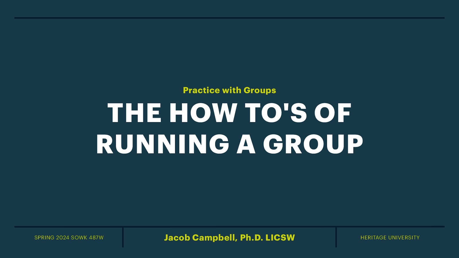 Practice with Groups THE HOW TO’S OF RUNNING A GROUP SPRING 2024 SOWK 487W Jacob Campbell, Ph.D. LICSW HERITAGE UNIVERSITY
