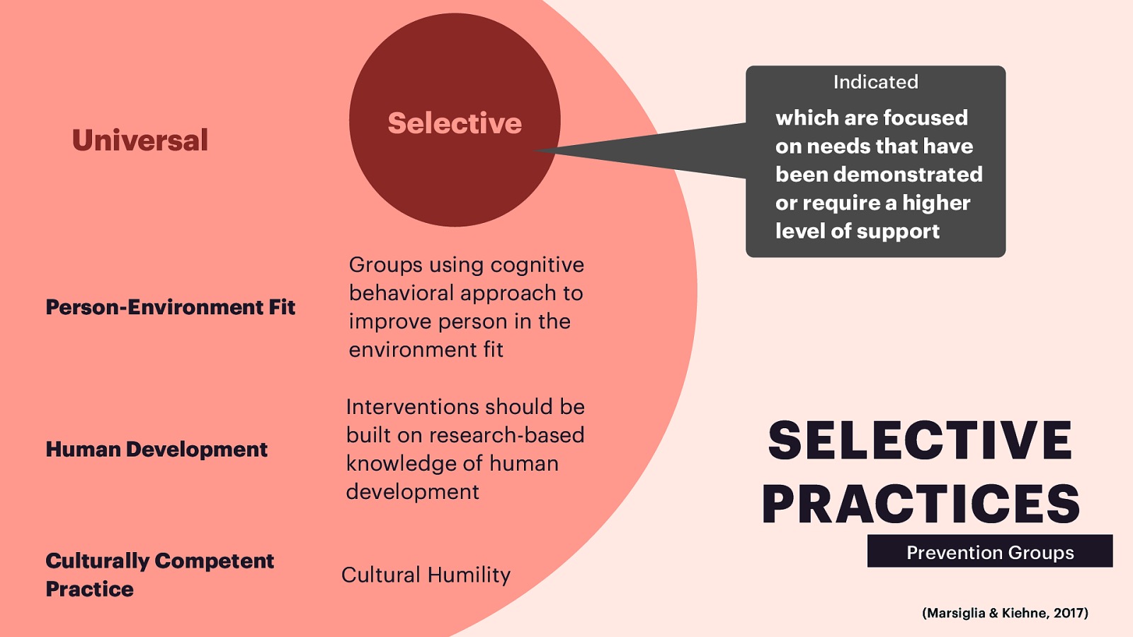 Indicated Universal Selective Person-Environment Fit Groups using cognitive behavioral approach to improve person in the environment it Human Development Interventions should be built on research-based knowledge of human development Culturally Competent Practice Cultural Humility which are focused on needs that have been demonstrated or require a higher level of support SELECTIVE PRACTICES Prevention Groups f (Marsiglia & Kiehne, 2017)
