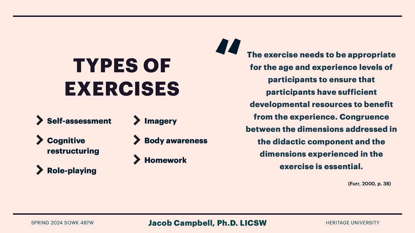 TYPES OF EXERCISES Self-assessment Imagery Cognitive restructuring Body awareness Homework “ The exercise needs to be appropriate for the age and experience levels of participants to ensure that participants have suf icient developmental resources to bene it from the experience. Congruence between the dimensions addressed in the didactic component and the dimensions experienced in the Role-playing exercise is essential. (Furr, 2000, p. 38) Jacob Campbell, Ph.D. LICSW f f SPRING 2024 SOWK 487W HERITAGE UNIVERSITY
