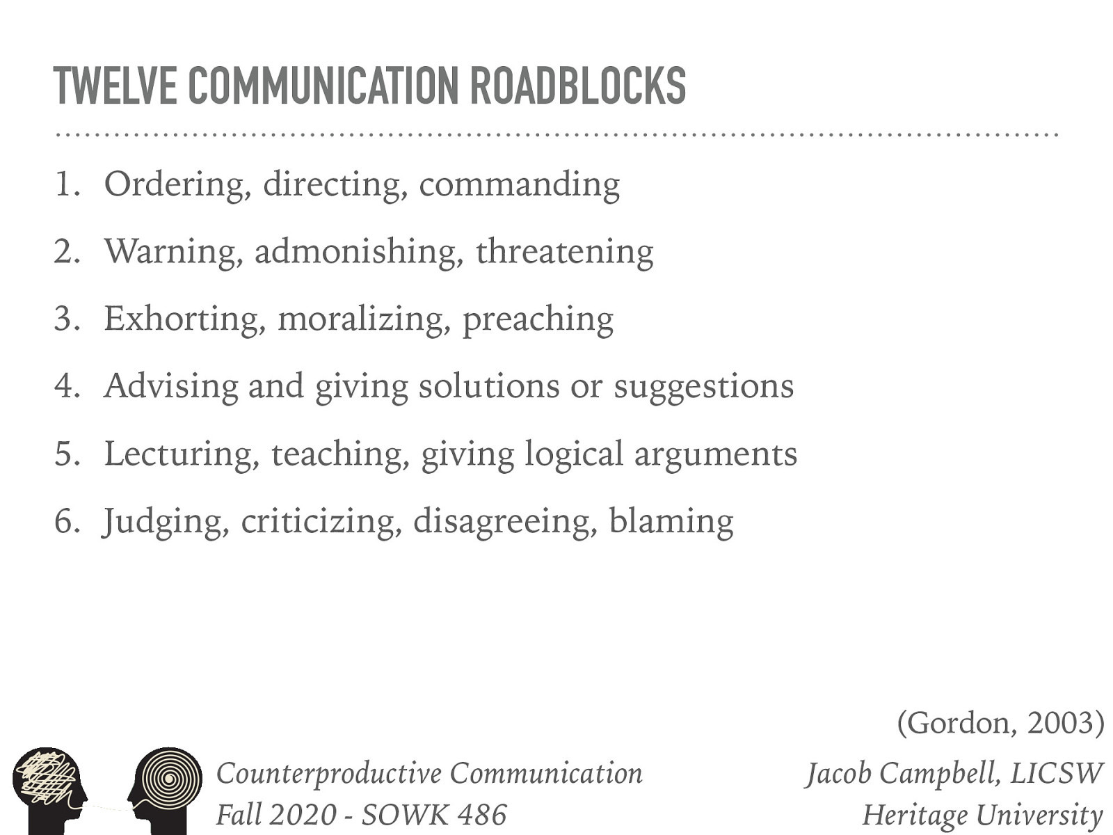  Gordon, T (2003) Teacher effectiveness training. First Revised Edition. New York: Three Rivers Press   While Hepworth lays out 7 different road blocks, Gordon (2003) describes 12 different ones. They are all incorporated in parts of the the ones described by the book. I wanted to spend some time discussing these.   [Whole Class Activity] Discuss what each roadblock might look like in communication.   Ordering, directing, commanding Warning, admonishing, threatening Exhorting, moralizing, preaching Advising and giving solutions or suggestions Lecturing, teaching, giving logical arguments Judging, criticizing, disagreeing, blaming  -> For information sake, the 7 roadblocks described by Hepworth  Reassuring, sympathizing, consoling, or excusing Advising and giving suggestions or solutions prematurely Using sarcasm or employing humor that is distracting or makes light of clients’ problems Judging, criticizing, or placing blame Trying to convince the client about the right point of view through logical arguments, lecturing, instructing, or arguing Analyzing, diagnosing, or making glib or dogmatic interpretations Threatening, warning, or counterattacking 
