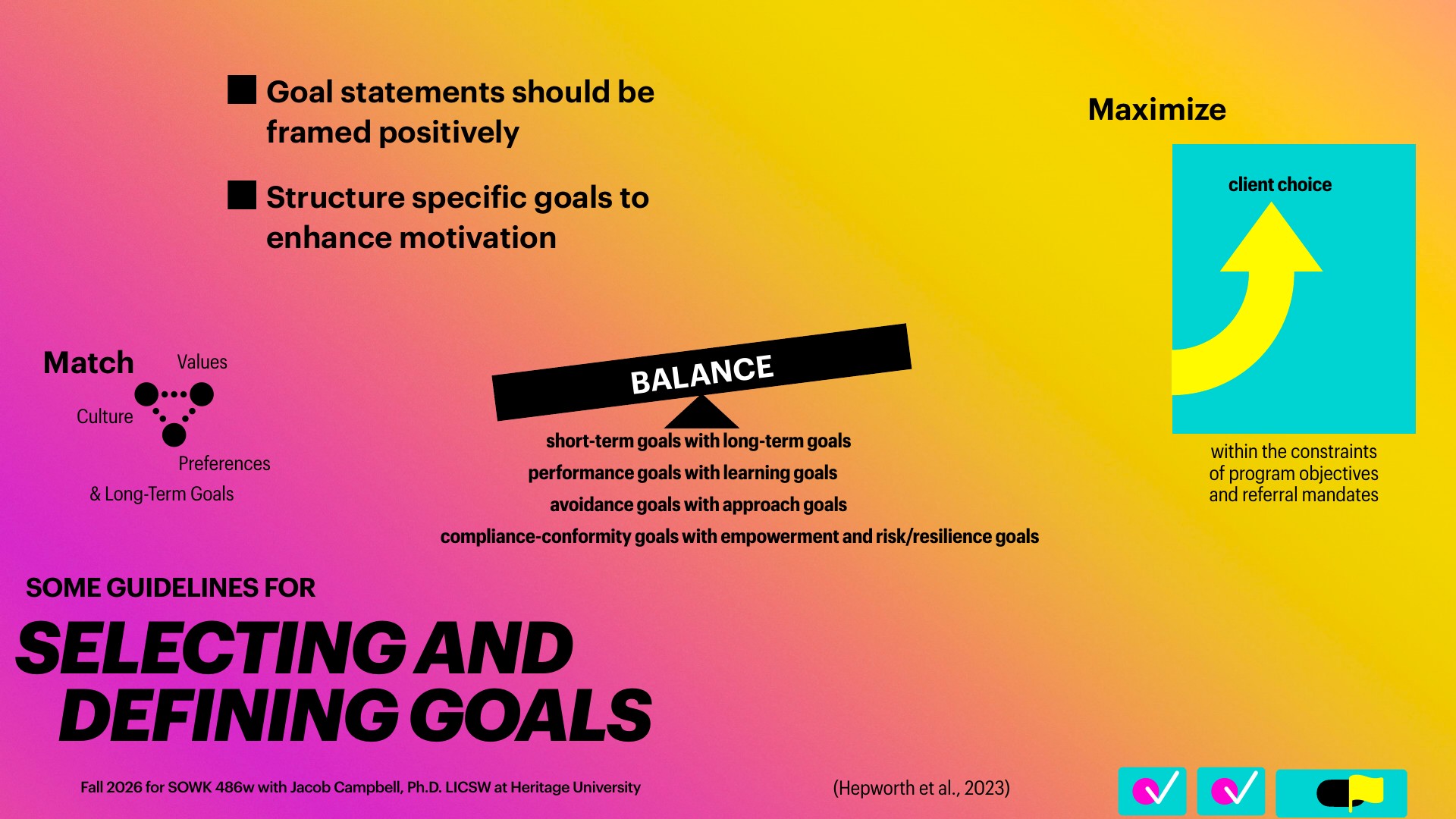 A bright magenta-to-yellow gradient slide titled 'Selecting and Defining Goals,' with bullets 'Goal statements should be framed positively' and 'Structure specific goals to enhance motivation.' A black balance beam labeled 'BALANCE' pairs short-term with long-term goals, performance with learning, avoidance with approach, and compliance with empowerment. Side panels show 'Match' (values, culture, preferences, long-term goals) and 'Maximize' (client choice, with an upward arrow, within program objectives and referral mandates). Footer: 'Fall 2026 for SOWK 486w with Jacob Campbell, Ph.D. LICSW at Heritage University' and '(Hepworth et al., 2023).'