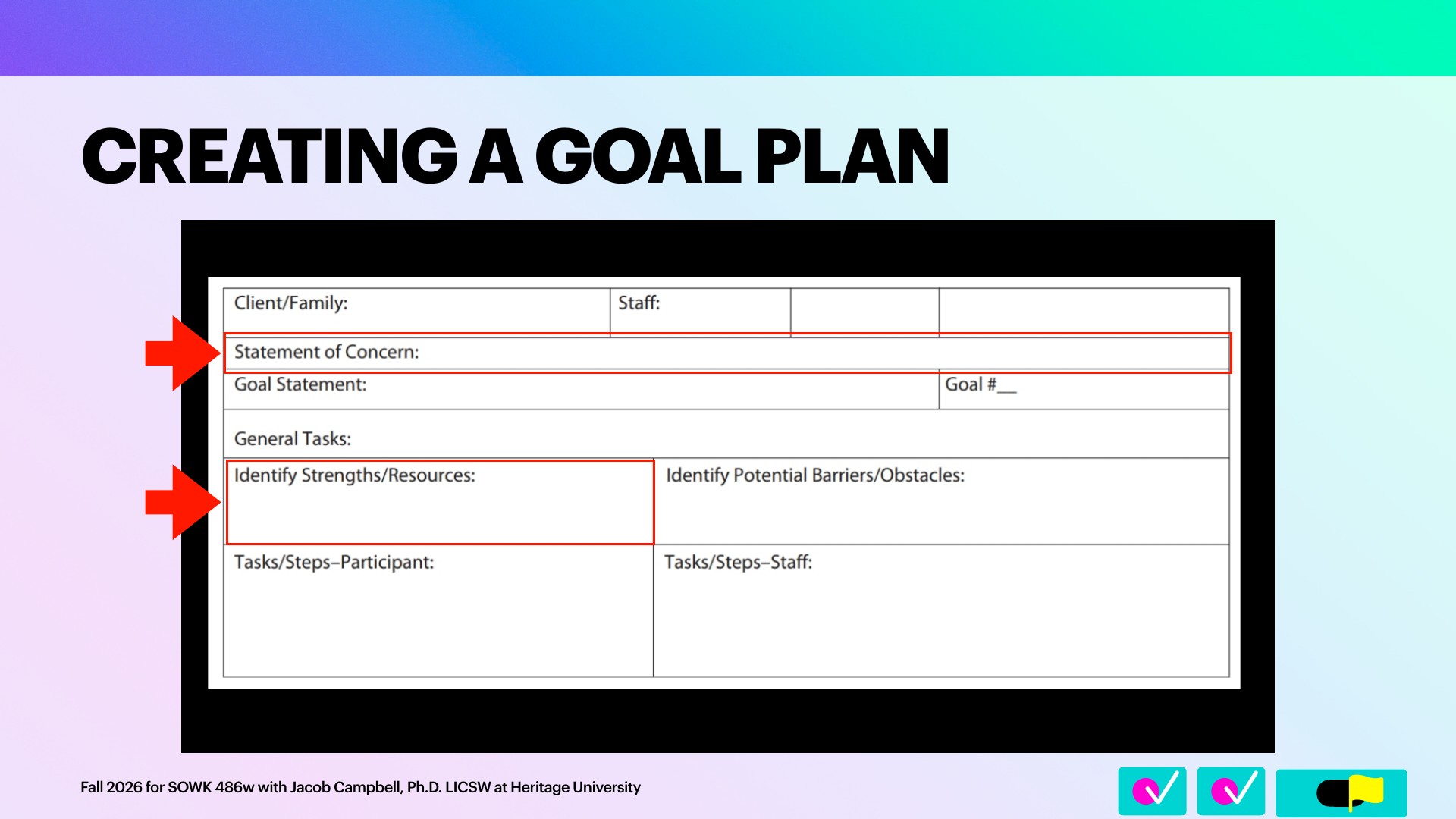A slide titled 'CREATING A GOAL PLAN' shows a form-style table, a goal plan with fields labeled 'Client/Family,' 'Staff,' 'Statement of Concern,' 'Goal Statement,' 'Goal #,' 'General Tasks,' 'Identify Strengths/Resources,' 'Identify Potential Barriers/Obstacles,' and 'Tasks/Steps–Participant/Staff.' Red boxes and arrows highlight the Statement of Concern and Identify Strengths/Resources rows against a pastel gradient background.