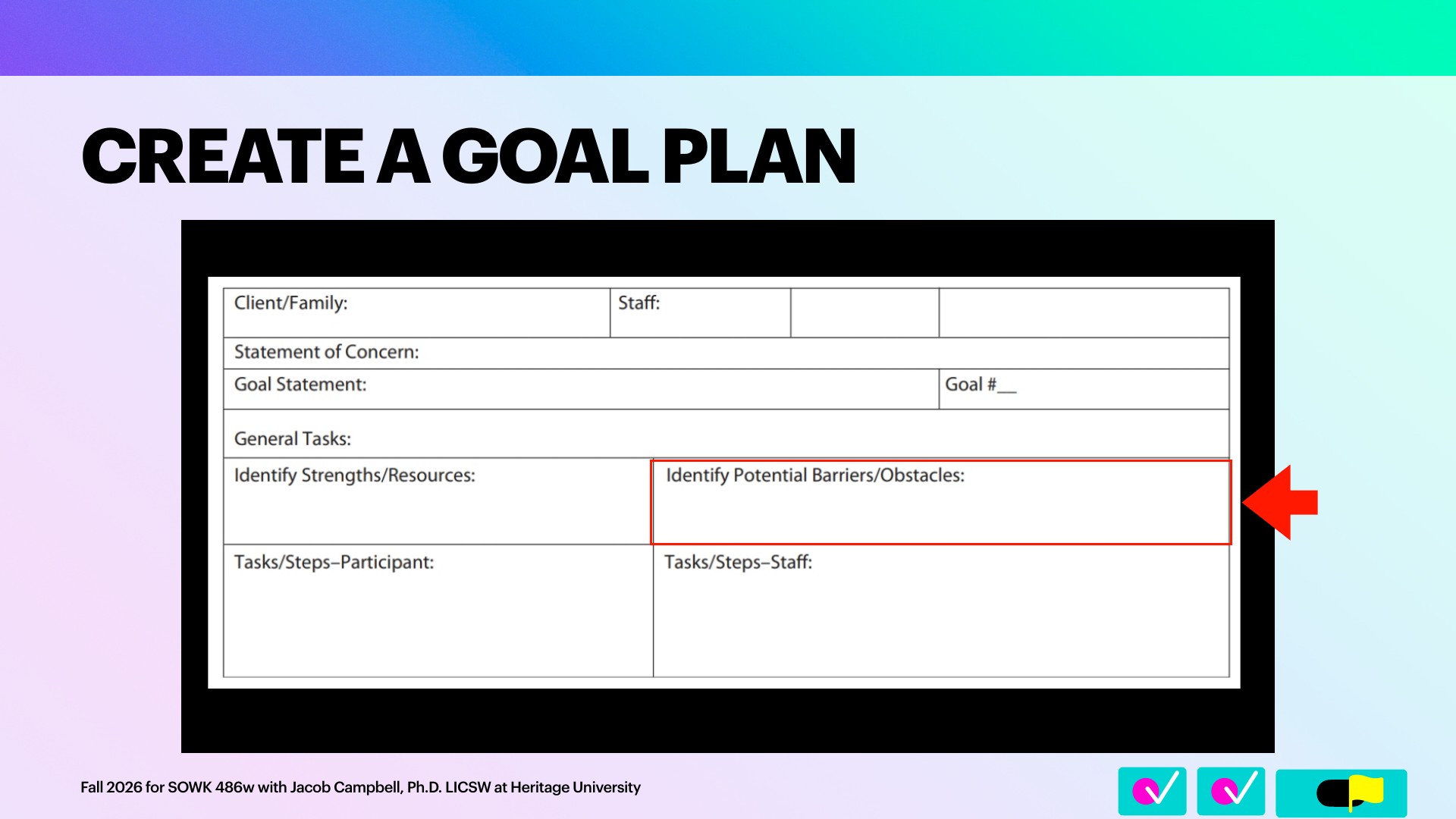 A slide titled 'CREATE A GOAL PLAN' shows a blank goal-plan form in a black frame, with a red box and arrow highlighting the 'Identify Potential Barriers/Obstacles' field. The form includes Client/Family, Staff, Statement of Concern, Goal Statement, Goal #, General Tasks, Identify Strengths/Resources, Tasks/Steps–Participant, and Tasks/Steps–Staff. Footer reads 'Fall 2026 for SOWK 486w with Jacob Campbell, Ph.D. LICSW at Heritage University.'