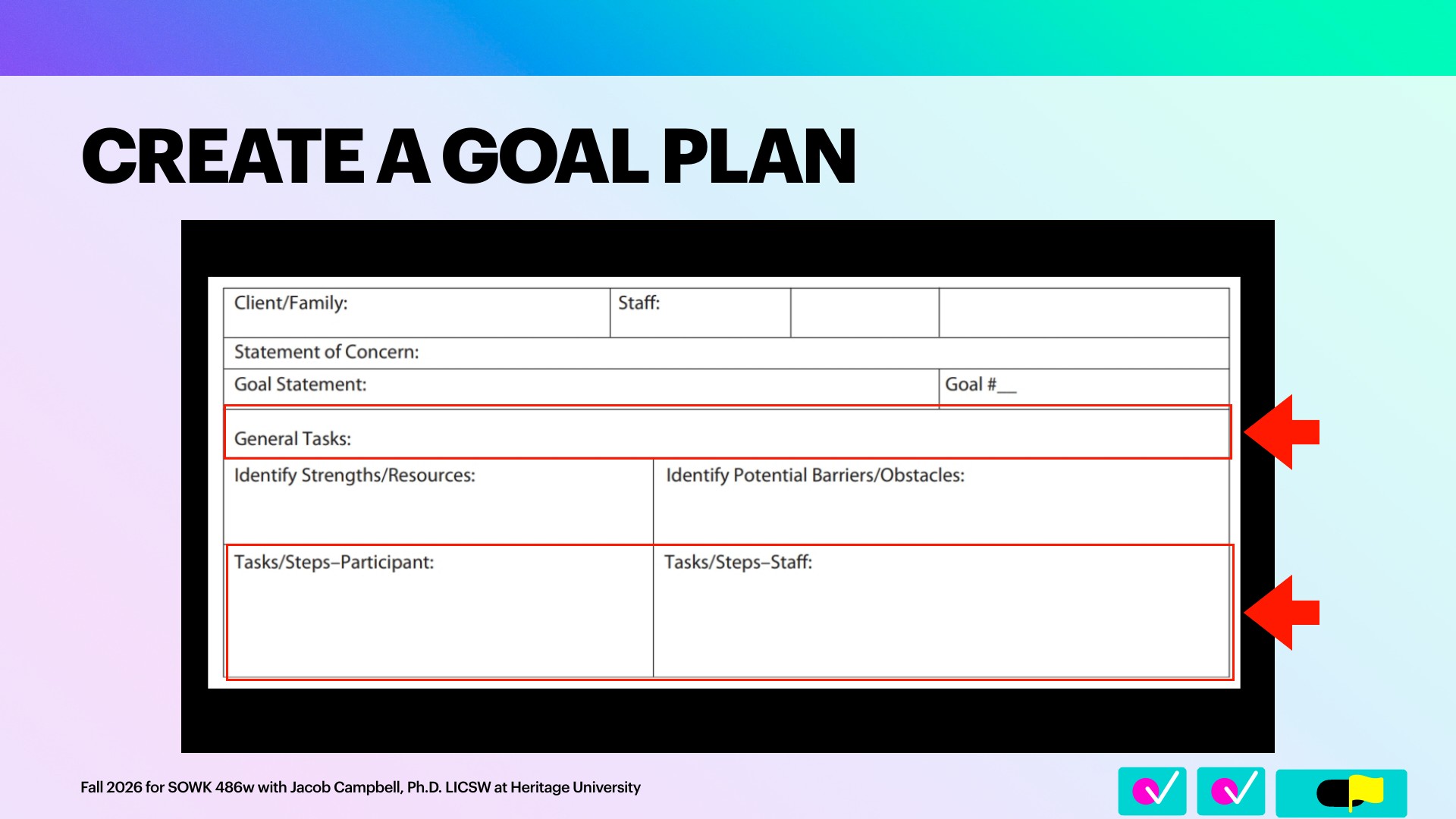 A presentation slide titled 'CREATE A GOAL PLAN' shows a black-framed scan of a blank goal-plan form, with red boxes and arrows marking the 'General Tasks' row and the 'Tasks/Steps–Participant' and 'Tasks/Steps–Staff' columns. The form includes fields for Client/Family, Staff, Statement of Concern, Goal Statement, Goal #, Identify Strengths/Resources, and Identify Potential Barriers/Obstacles. The slide has a colorful gradient background, with the footer 'Fall 2026 for SOWK 486w with Jacob Campbell, Ph.D. LICSW at Heritage University.'