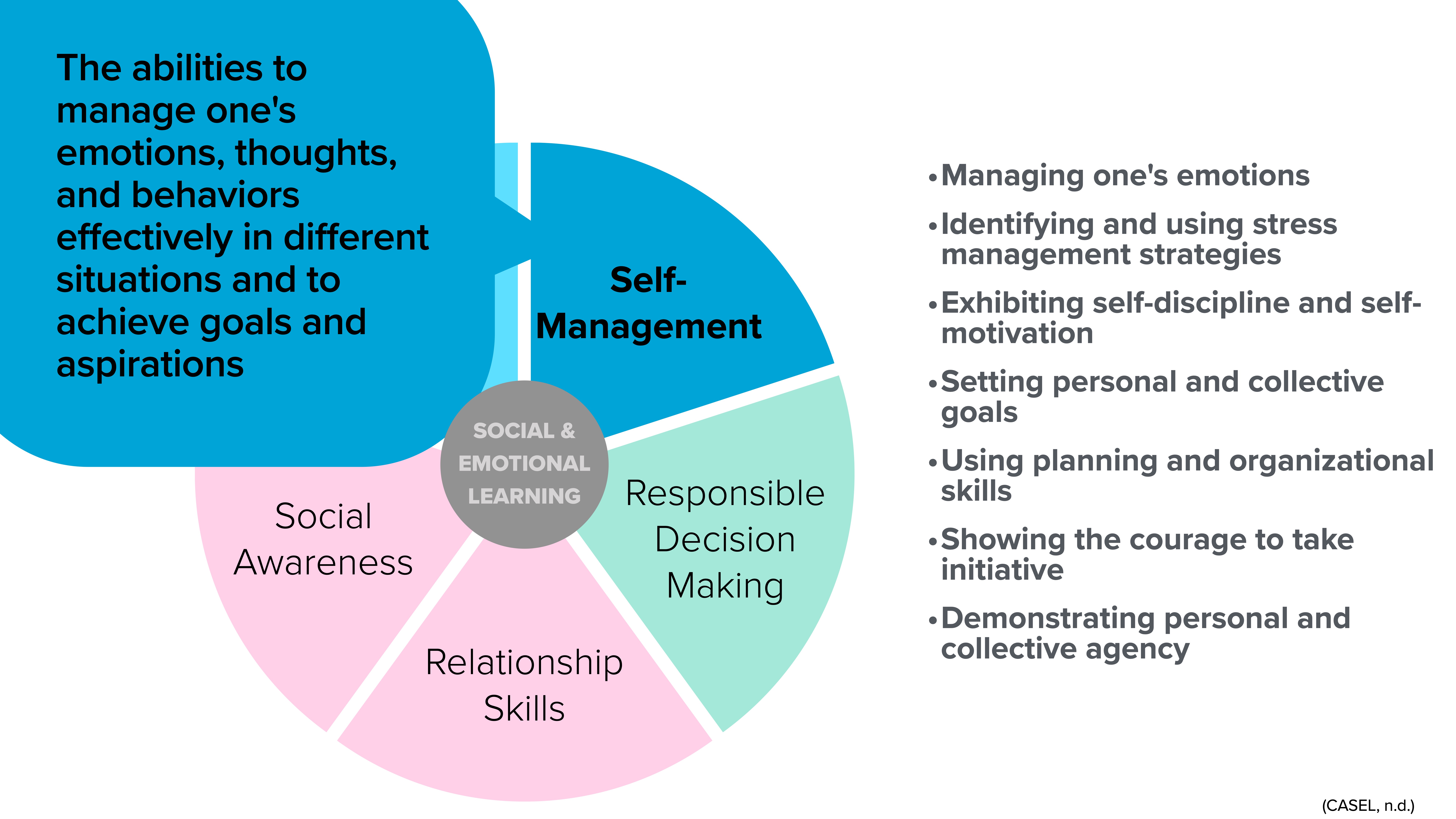 Pie chart illustrating components of Social & Emotional Learning with five segments titled Self-Management, Responsible Decision Making, Relationship Skills, Social Awareness. Accompanied by text elaborating self-management skills like emotion regulation and self-motivation.