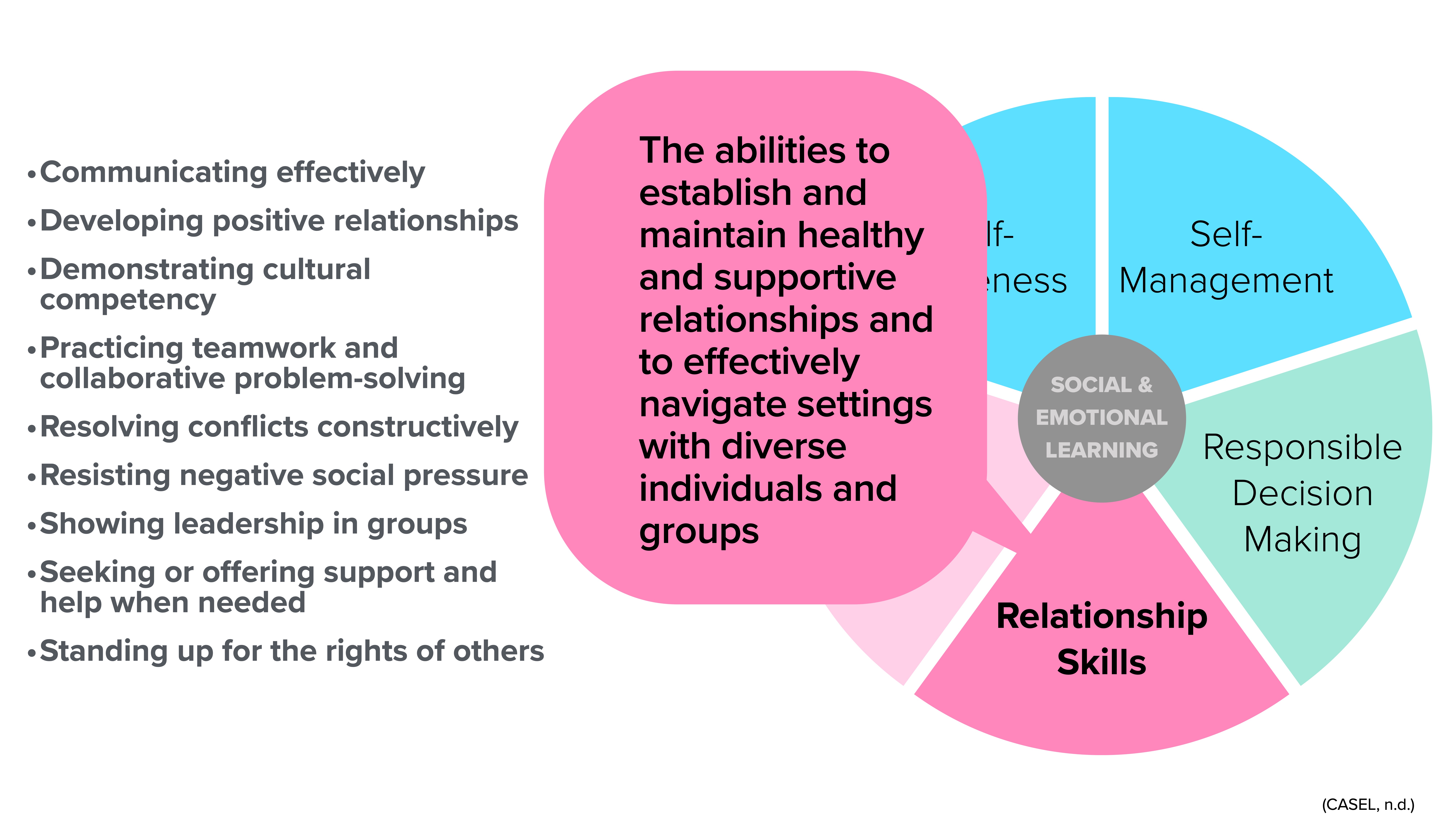 A pie chart highlights 'Social & Emotional Learning' with sections for 'Self-Awareness,' 'Self-Management,' 'Responsible Decision Making,' and 'Relationship Skills.' Text describes communication, cultural competency, and conflict resolution skills.