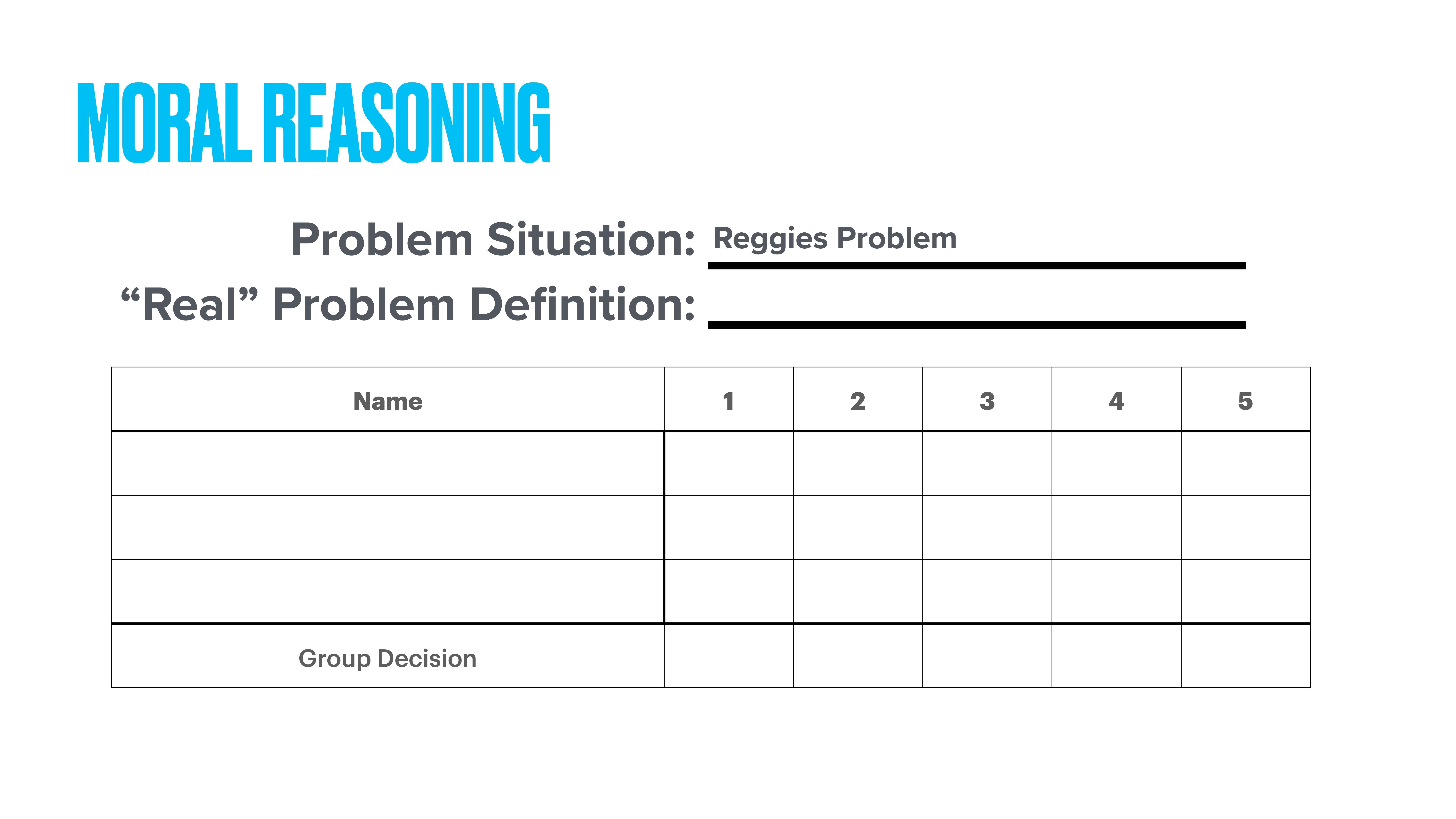 Table-chart titled 'MORAL REASONING' presents 'Problem Situation: Reggies Problem' and 'Real Problem Definition' with blank fields. Below, a table listing 'Name' and columns 1-5 for scoring, followed by 'Group Decision'.