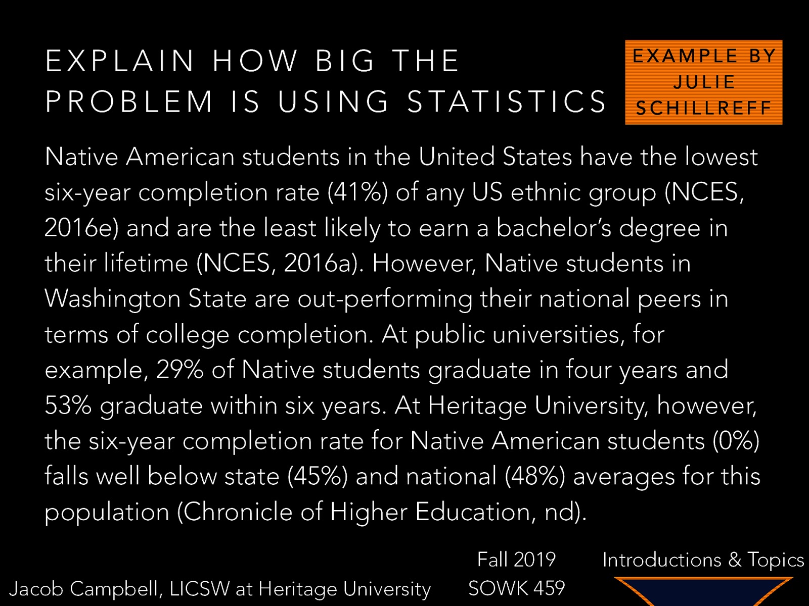 EXPLAIN HOW BIG THE P R O B L E M I S U S I N G S TAT I S T I C S EXAMPLE BY JULIE SCHILLREFF Native American students in the United States have the lowest six-year completion rate (41%) of any US ethnic group (NCES, 2016e) and are the least likely to earn a bachelor’s degree in their lifetime (NCES, 2016a). However, Native students in Washington State are out-performing their national peers in terms of college completion. At public universities, for example, 29% of Native students graduate in four years and 53% graduate within six years. At Heritage University, however, the six-year completion rate for Native American students (0%) falls well below state (45%) and national (48%) averages for this population (Chronicle of Higher Education, nd). Jacob Campbell, LICSW at Heritage University Fall 2019 SOWK 459 Introductions & Topics
