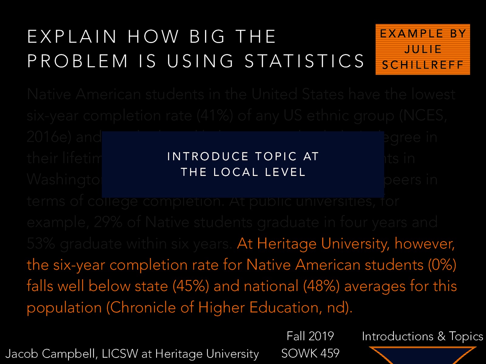 EXPLAIN HOW BIG THE P R O B L E M I S U S I N G S TAT I S T I C S EXAMPLE BY JULIE SCHILLREFF Native American students in the United States have the lowest six-year completion rate (41%) of any US ethnic group (NCES, 2016e) and are the least likely to earn a bachelor’s degree in NTRODU C E T O P I CNative AT their lifetime (NCES, I2016a). However, students in THE LOCAL LEVEL Washington State are out-performing their national peers in terms of college completion. At public universities, for example, 29% of Native students graduate in four years and 53% graduate within six years. At Heritage University, however, the six-year completion rate for Native American students (0%) falls well below state (45%) and national (48%) averages for this population (Chronicle of Higher Education, nd). Jacob Campbell, LICSW at Heritage University Fall 2019 SOWK 459 Introductions & Topics
