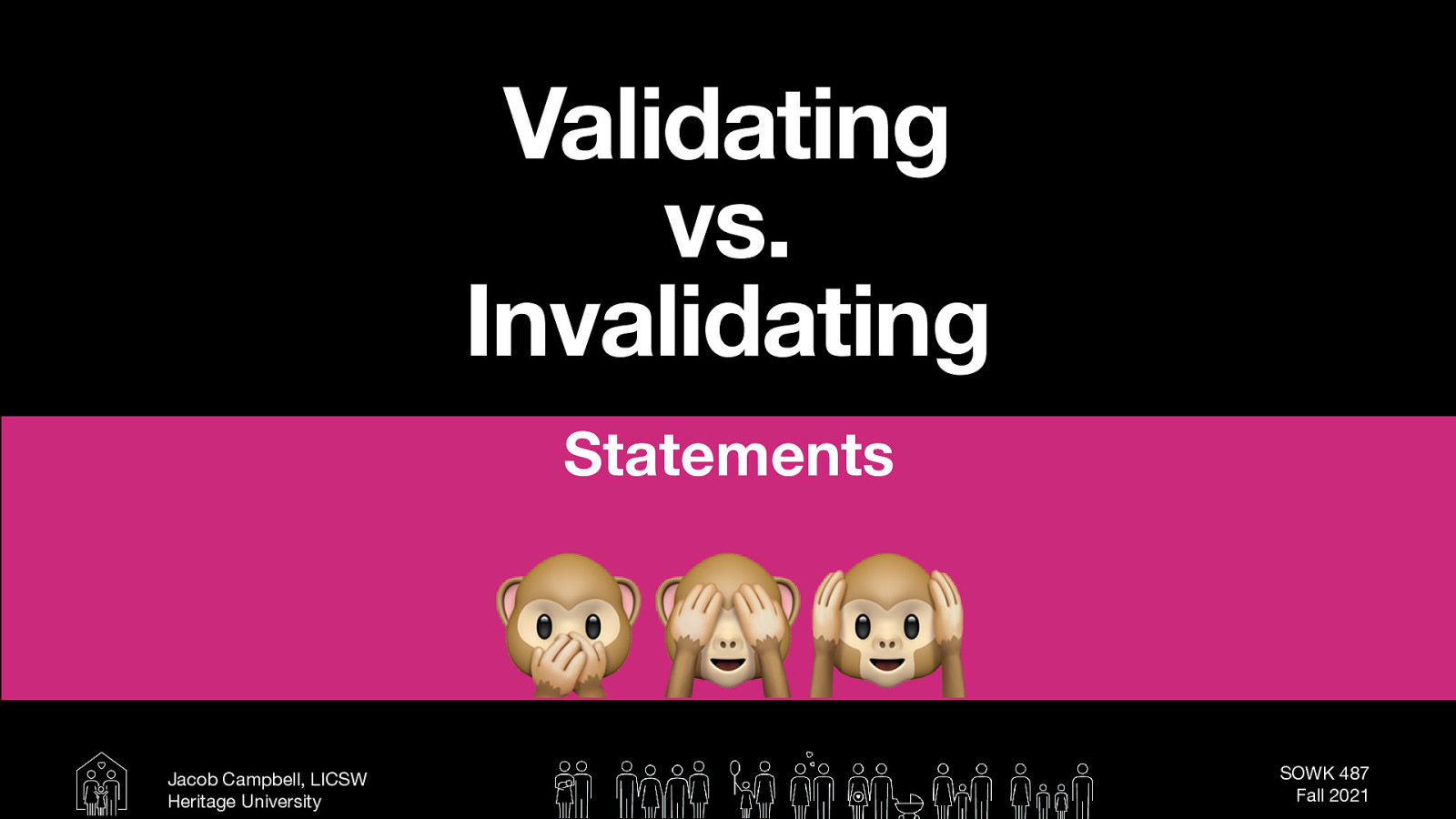  The following is a good list of validating vs. invalidating statements.   [Whole Class Activity] Give class some time to review the material. What are some different ways that somebody could use this with a family? 
