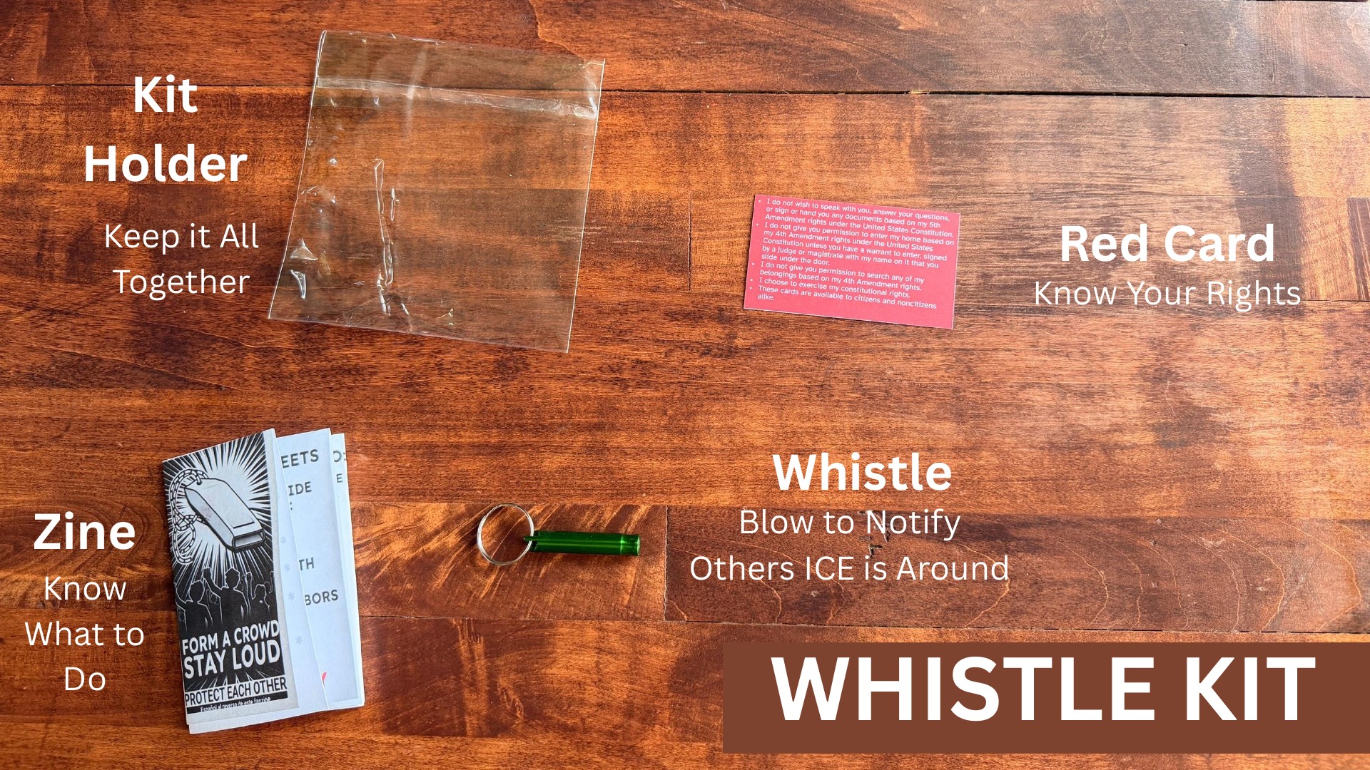 Whistle Kit laid out on a wooden table: a plastic kit holder, a red know-your-rights card, a zine titled 'Form a Crowd, Stay Loud, Protect Each Other', and a green whistle to blow to notify others ICE is around.