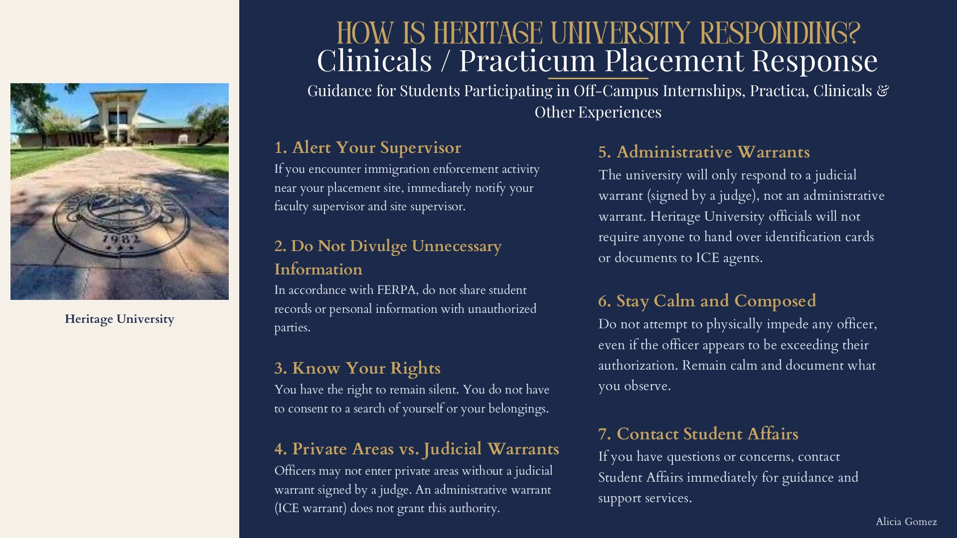 How Is Heritage University Responding? Clinicals/Practicum Placement Response, seven steps: alert your supervisor, protect information, know your rights, judicial versus administrative warrants, stay calm, and contact Student Affairs. Photo of the campus entrance. Presenter Alicia Gomez.