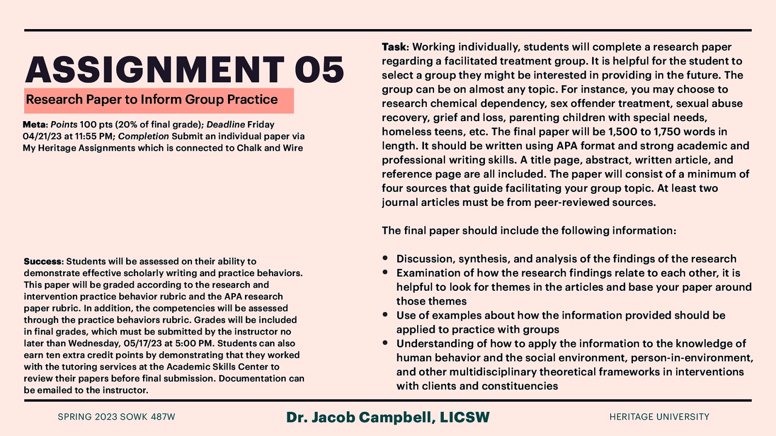 ASSIGNMENT 05 Research Paper to Inform Group Practice Meta: Points 100 pts (20% of inal grade); Deadline Friday 04/21/23 at 11:55 PM; Completion Submit an individual paper via My Heritage Assignments which is connected to Chalk and Wire Task: Working individually, students will complete a research paper regarding a facilitated treatment group. It is helpful for the student to select a group they might be interested in providing in the future. The group can be on almost any topic. For instance, you may choose to research chemical dependency, sex offender treatment, sexual abuse recovery, grief and loss, parenting children with special needs, homeless teens, etc. The inal paper will be 1,500 to 1,750 words in length. It should be written using APA format and strong academic and professional writing skills. A title page, abstract, written article, and reference page are all included. The paper will consist of a minimum of four sources that guide facilitating your group topic. At least two journal articles must be from peer-reviewed sources. The inal paper should include the following information: Success: Students will be assessed on their ability to demonstrate effective scholarly writing and practice behaviors. This paper will be graded according to the research and intervention practice behavior rubric and the APA research paper rubric. In addition, the competencies will be assessed through the practice behaviors rubric. Grades will be included in inal grades, which must be submitted by the instructor no later than Wednesday, 05/17/23 at 5:00 PM. Students can also earn ten extra credit points by demonstrating that they worked with the tutoring services at the Academic Skills Center to review their papers before inal submission. Documentation can be emailed to the instructor. f f f f f f • • Discussion, synthesis, and analysis of the indings of the research Examination of how the research indings relate to each other, it is helpful to look for themes in the articles and base your paper around those themes Use of examples about how the information provided should be applied to practice with groups Understanding of how to apply the information to the knowledge of human behavior and the social environment, person-in-environment, and other multidisciplinary theoretical frameworks in interventions with clients and constituencies Dr. Jacob Campbell, LICSW SPRING 2023 SOWK 487W f • • HERITAGE UNIVERSITY
