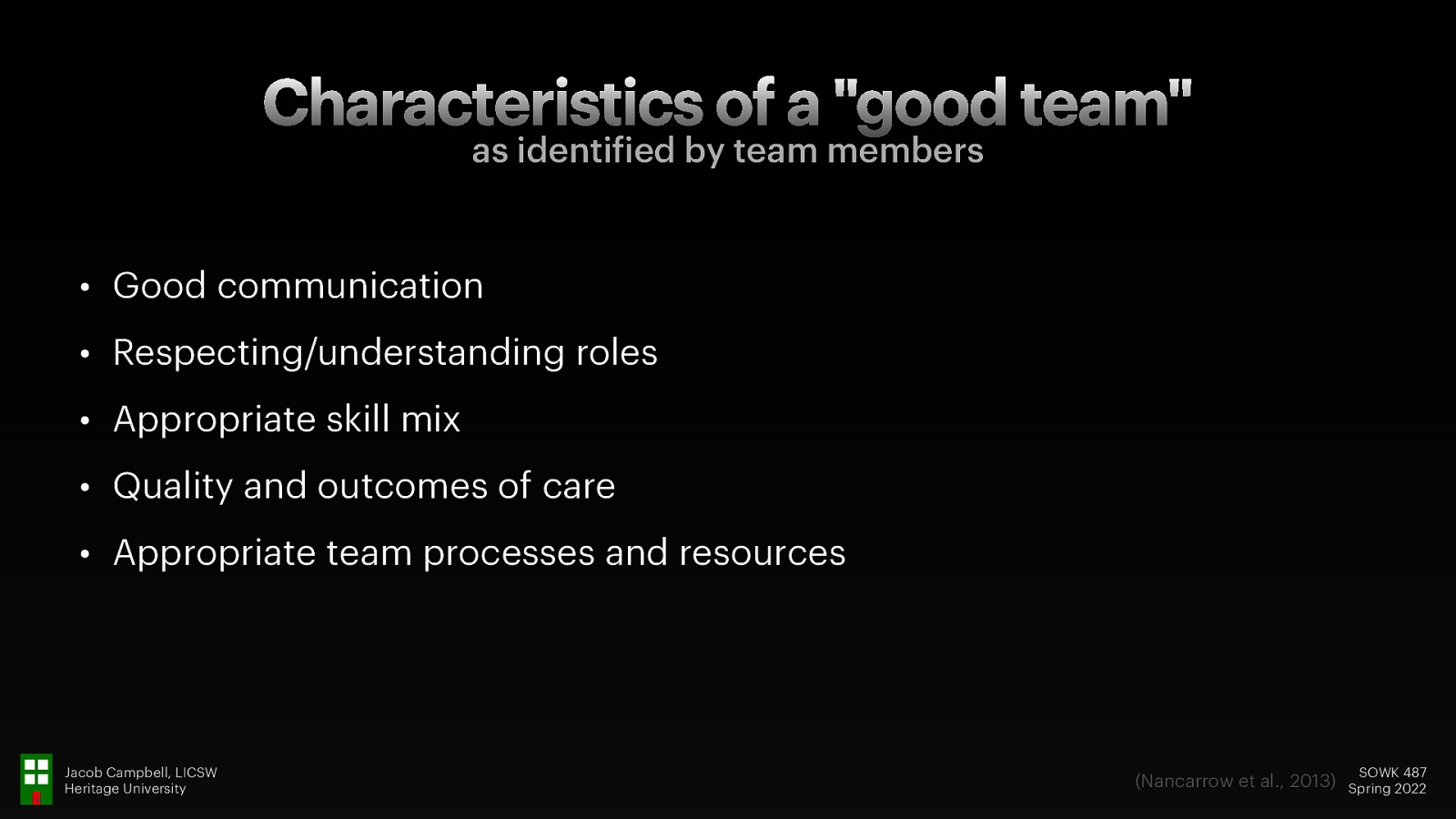 Characteristics of a “good team” as identi ied by team members • Good communication • Respecting/understanding roles • Appropriate skill mix • Quality and outcomes of care • Appropriate team processes and resources f Jacob Campbell, LICSW Heritage University (Nancarrow et al., 2013) SOWK 487 Spring 2022
