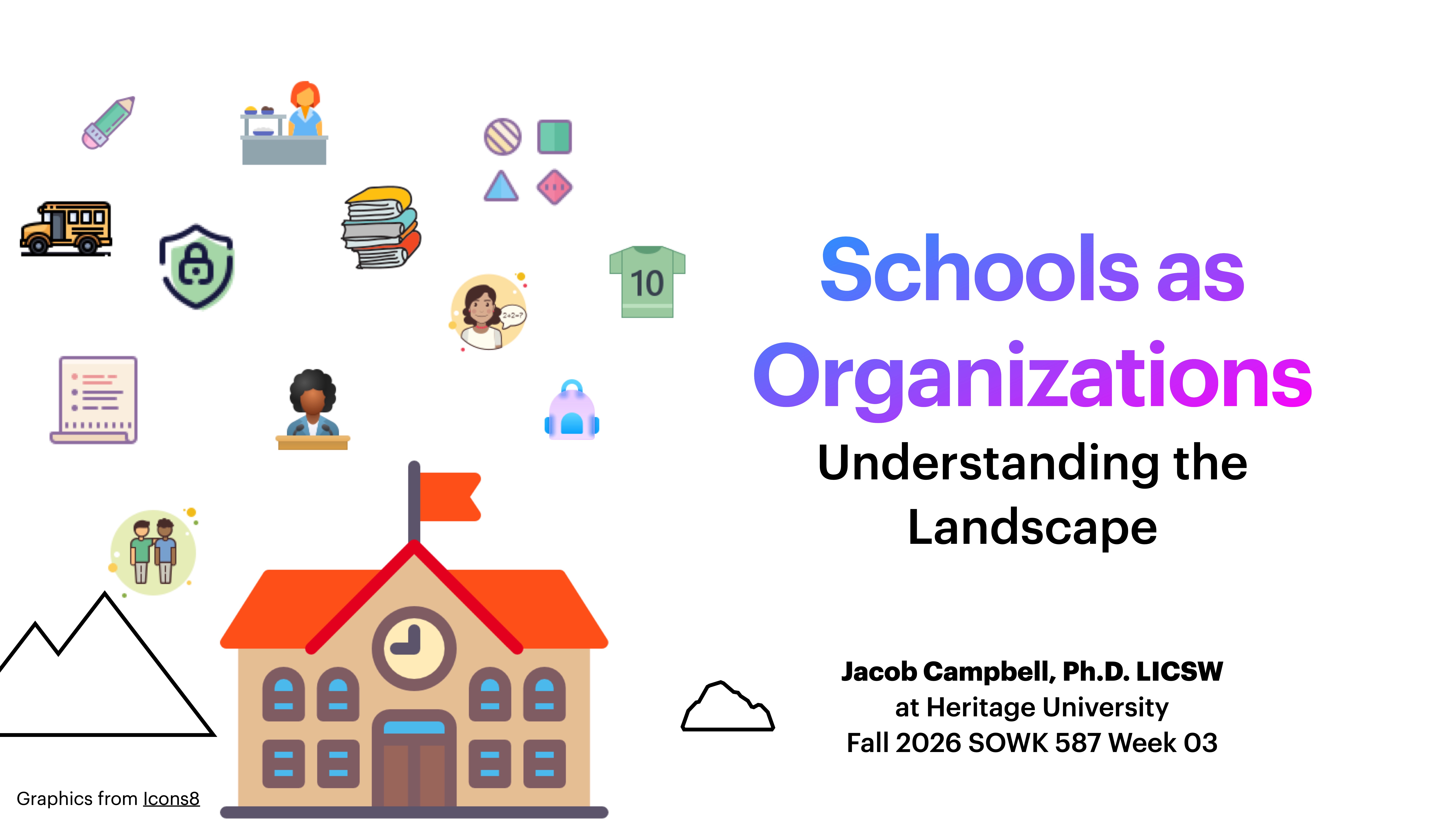 Illustrated school objects, such as a bus and shield, surround a schoolhouse with a flag. Text reads: 'Schools as Organizations: Understanding the Landscape.' Details: Jacob Campbell, Ph.D. at Heritage University, Fall 2026 SOWK 587 Week 03.