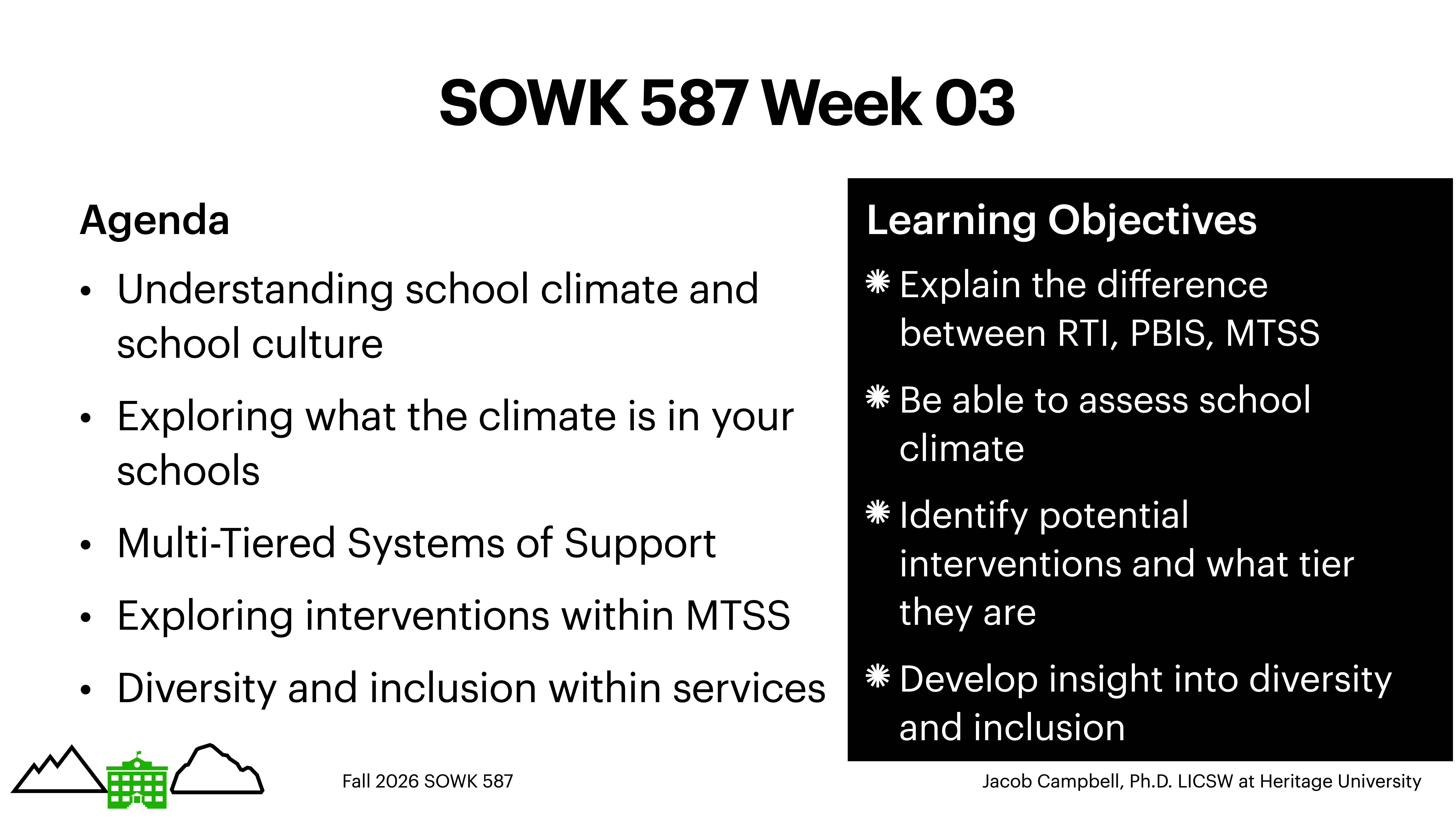 The image is a presentation slide titled 'SOWK 587 Week 03' with two sections. The agenda outlines topics like understanding school climate and Multi-Tiered Systems of Support. The learning objectives include explaining RTI, PBIS, MTSS, assessing school climate, identifying interventions, and developing insights into diversity and inclusion.