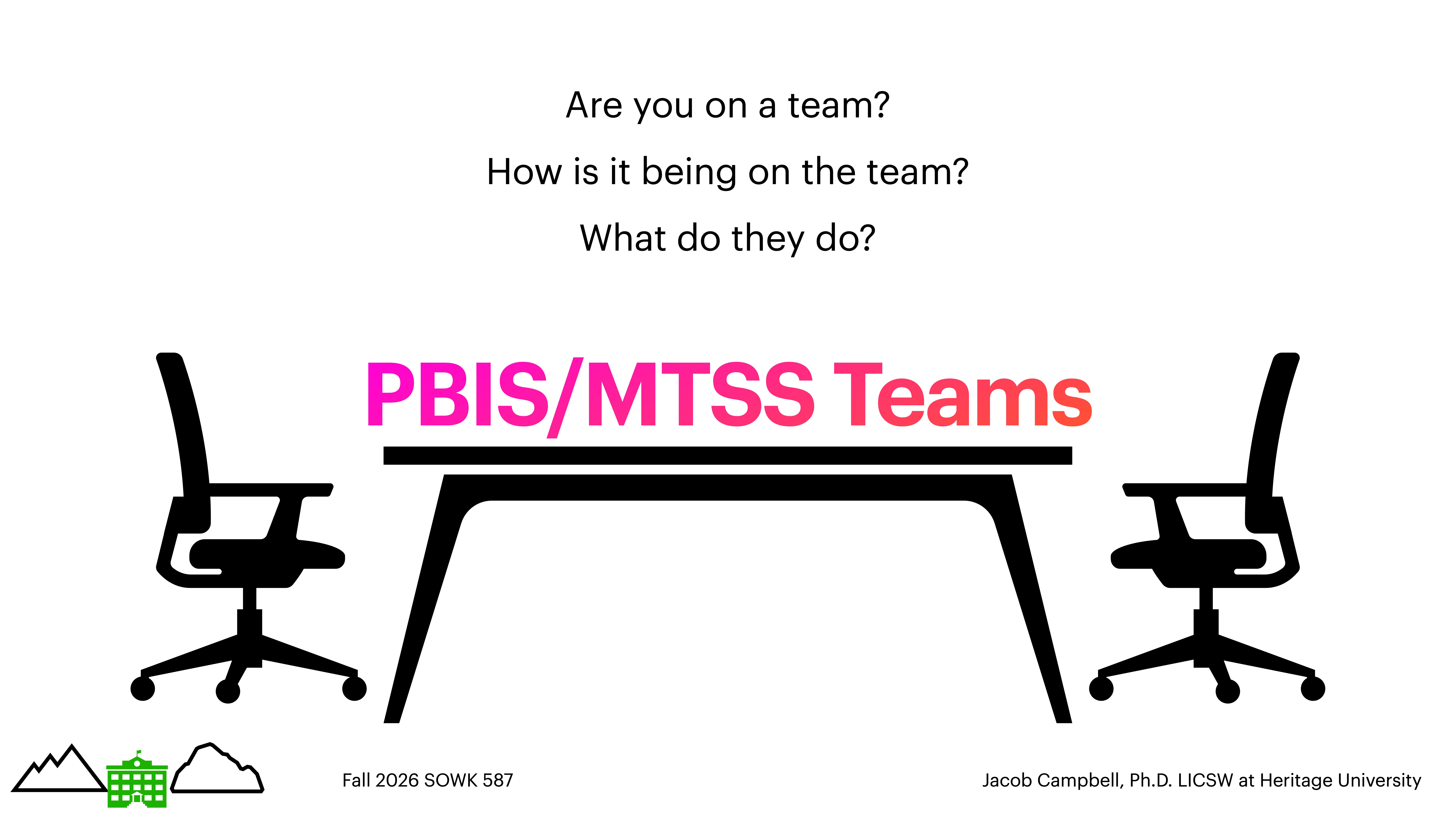 Two office chairs face each other across a long table. Text above reads, 'Are you on a team? How is it being on the team? What do they do?' The slide title is 'PBIS/MTSS Teams.' Additional text: 'Fall 2026 SOWK 587,' 'Jacob Campbell, Ph.D. LICSW at Heritage University.'