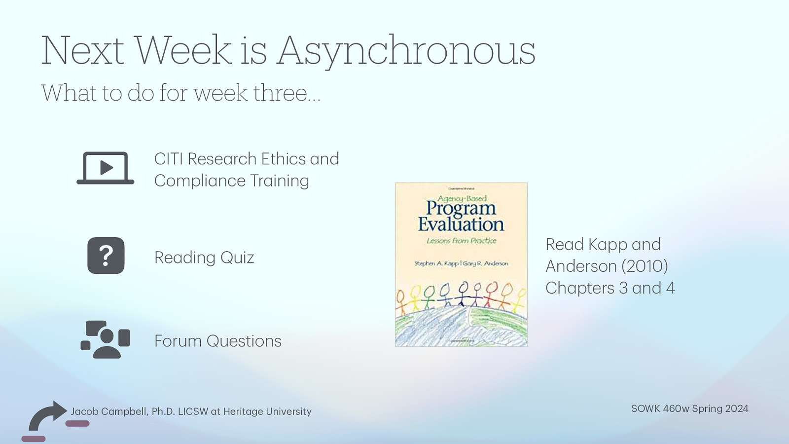 What to do for week three… CITI Rese rch Ethics nd Compli nce Tr ining Re ding Quiz Re d K pp nd Anderson (2010) Ch pters 3 nd 4 Forum Questions a a a a a a a a a a a a a J cob C mpbell, Ph.D. LICSW t Herit ge University a 􁅁􁏵 􀿩 Next Week is Asynchronous SOWK 460w Spring 2024
