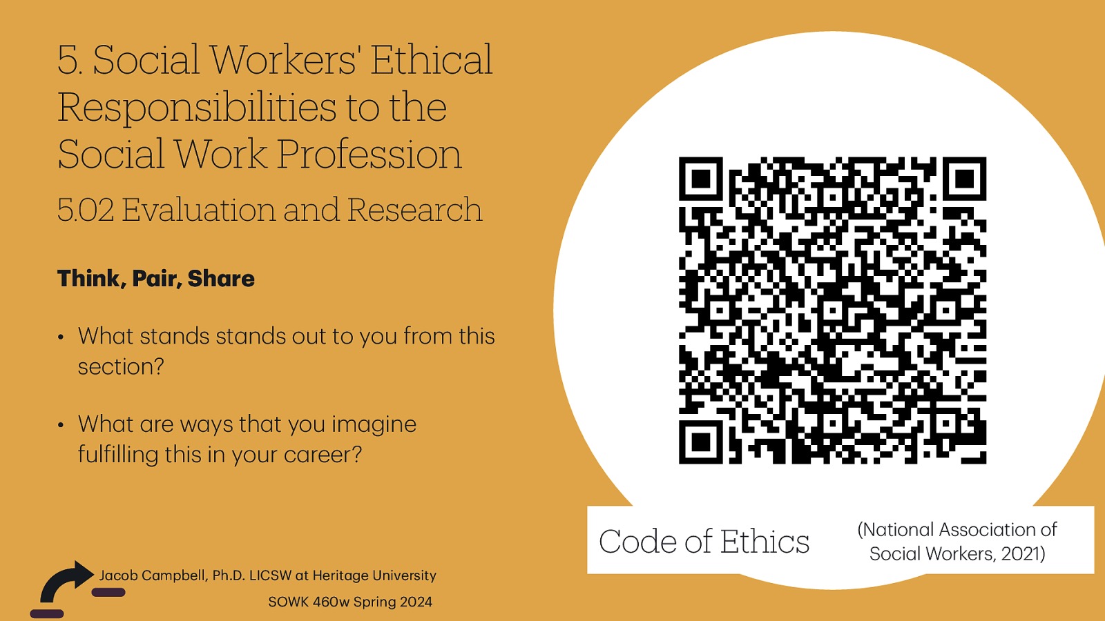  Social Workers’ Ethical Responsibilities to the Social Work Profession 5.02 Evaluation and Research Think, P ir, Sh re • Wh t st nds st nds out to you from this section? • Wh t re w ys th t you im gine ful illing this in your c reer? Code of Ethics J cob C mpbell, Ph.D. LICSW t Herit ge University a a a a a a a a a a a a a a a a a f a a SOWK 460w Spring 2024 (N tion l Associ tion of Soci l Workers, 2021) 
